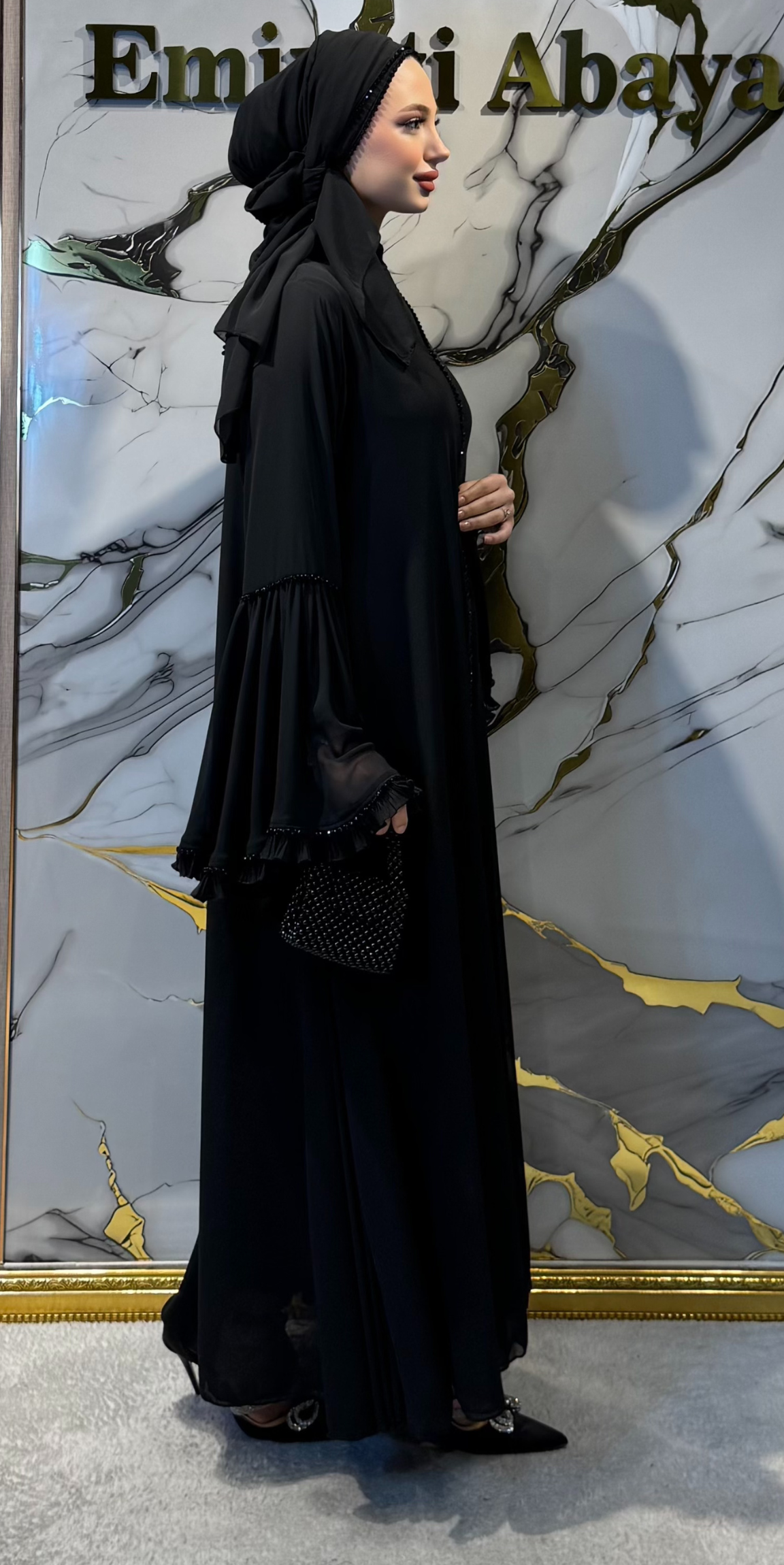 Black Chiffon Set with Stone Embellishing and Bell Sleeve Detail | WS96 BSB