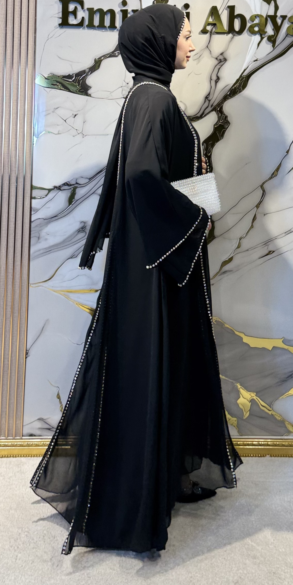 Front Slit Chiffon Abaya with Crystal Embellishments - Elegant Luxury Model TM06 C WSB