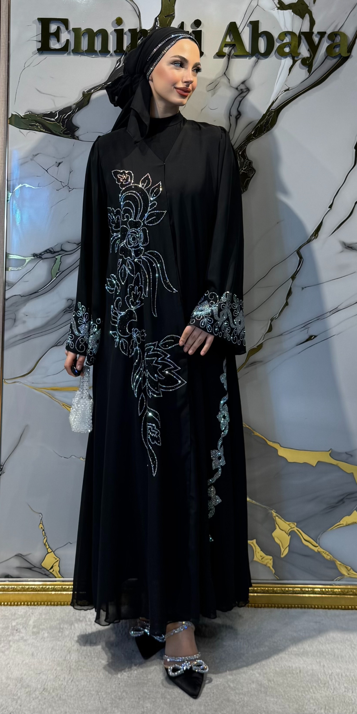 JanJan Embellished Flower Patterned Black Chiffon Abaya Scarf Included | TM70 JSB