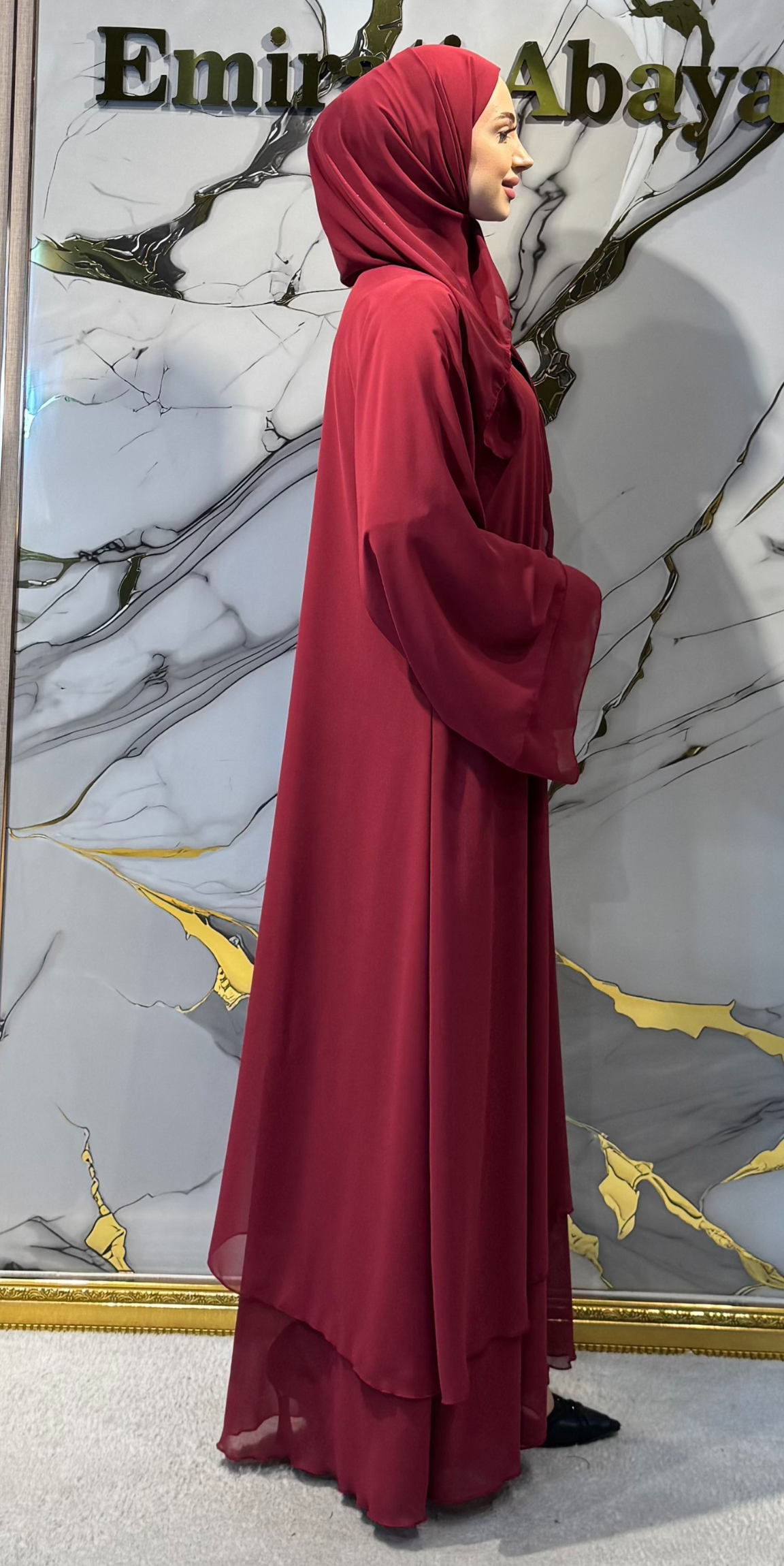 İki Katlı Swarovski Taşlı Bordo Abaya - Çıtçıtlı Zarif Model RK009 BORDO