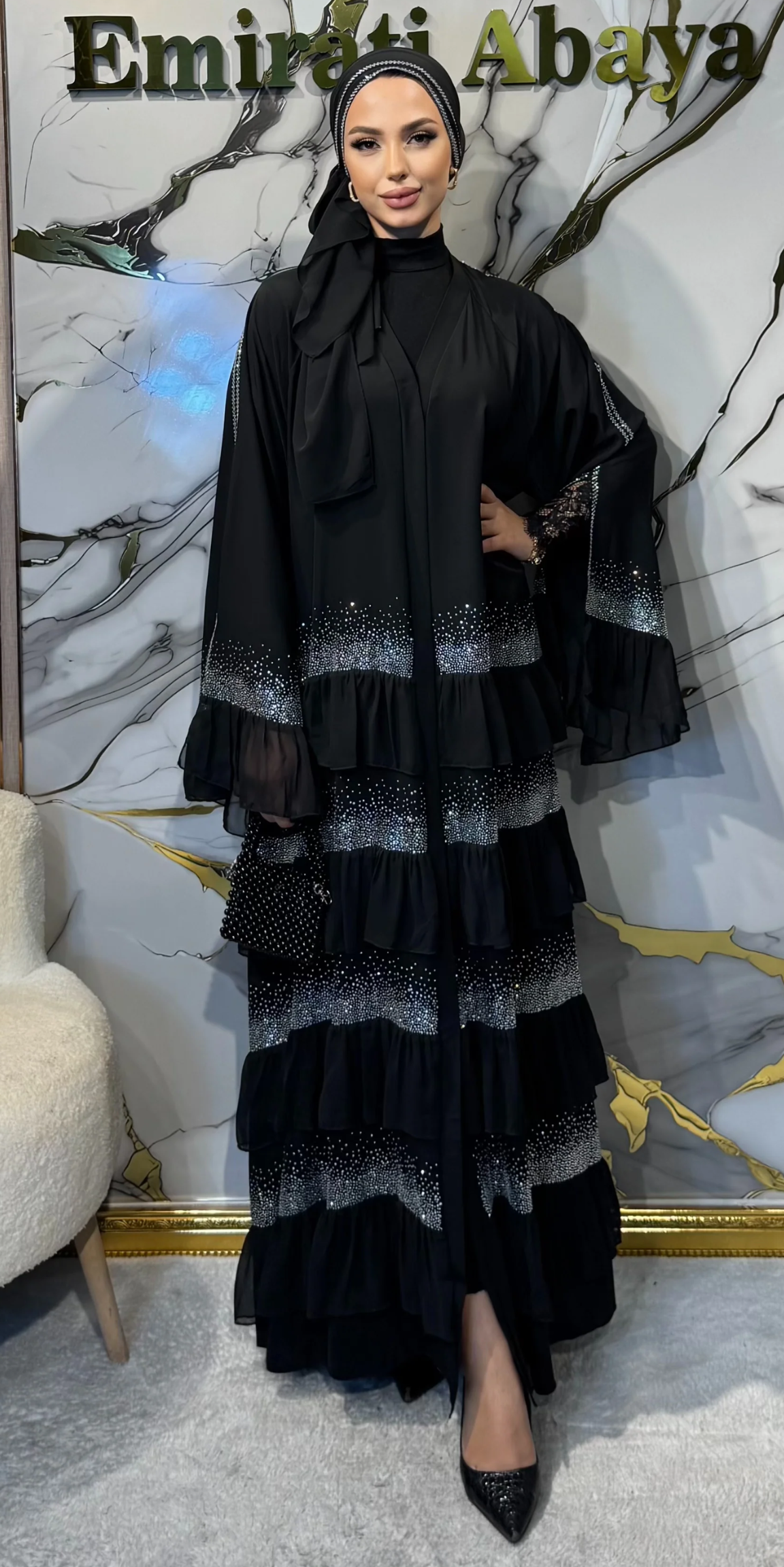 Dört Katlı Beyaz Taşlı Siyah Dubai Kumaş Takım | WS05 WSB