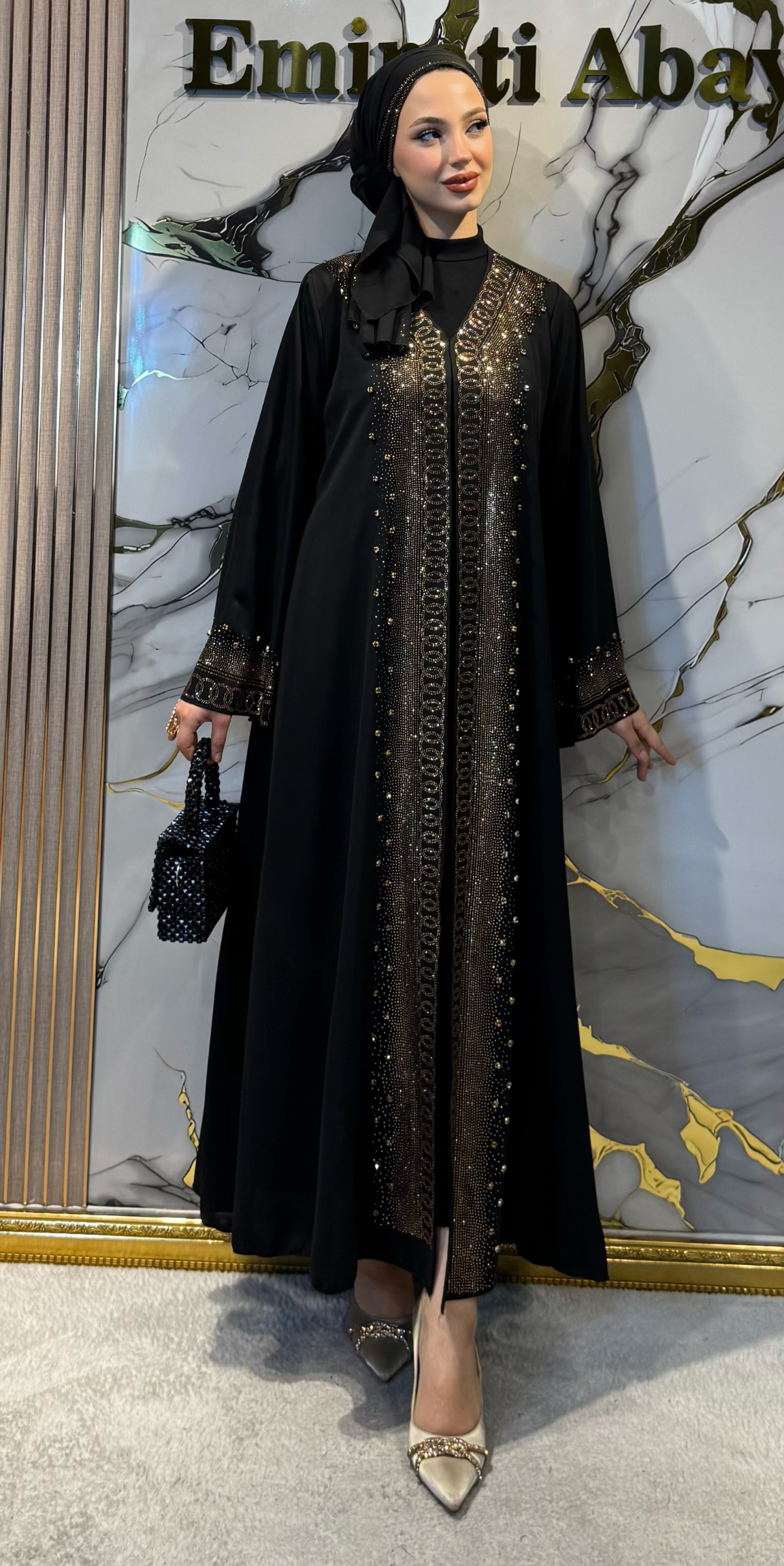Black Abaya with Gold Stone Embellishment on the Front TM81 GSDB