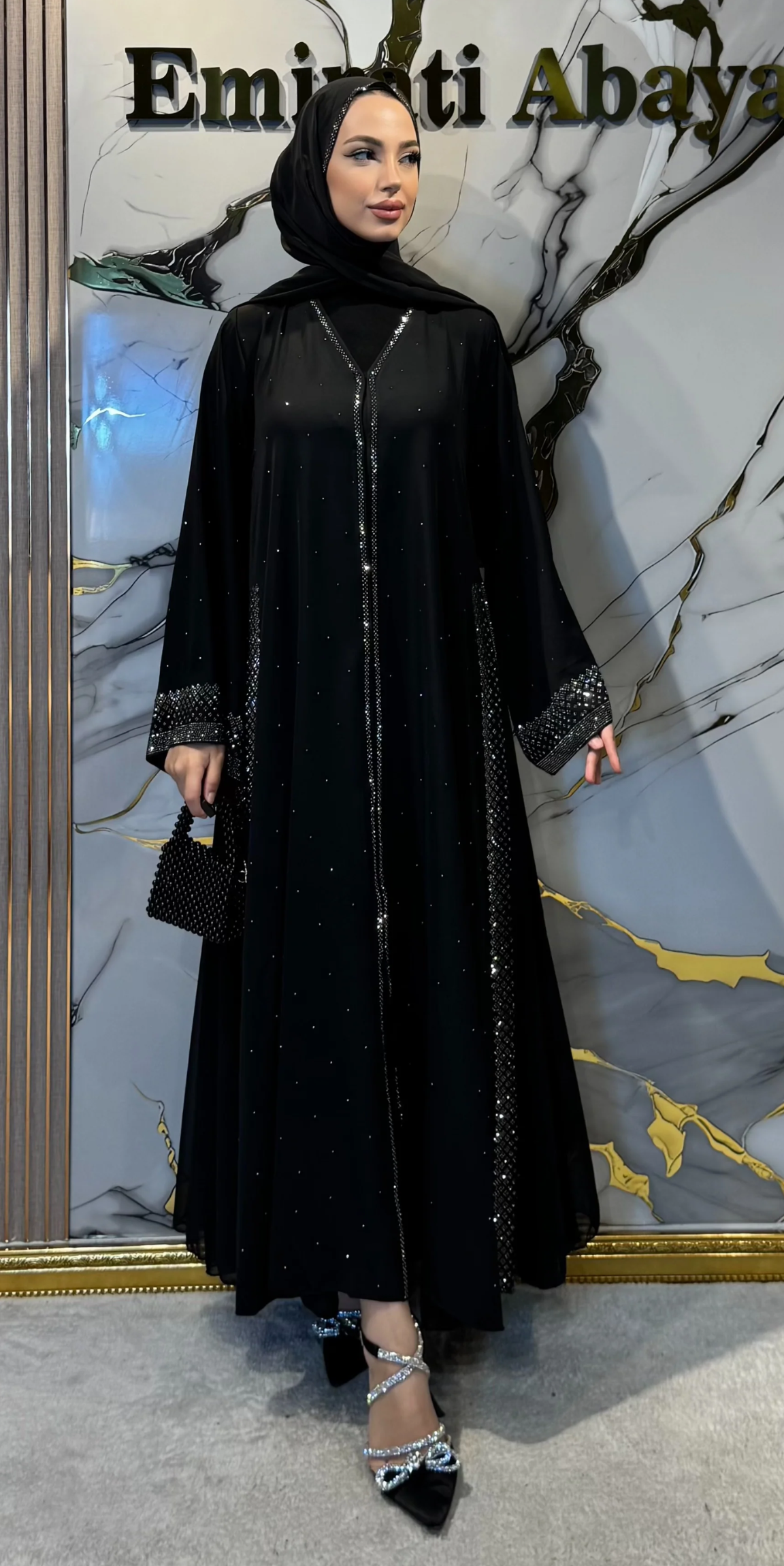 Luxury Dubai Abaya with Hematite Stone Details | LY26 HSB
