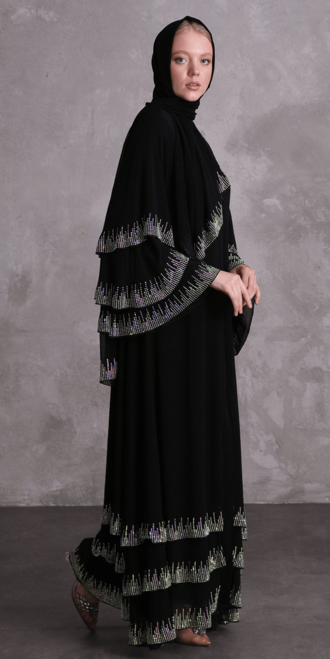 Black Abaya with Swarovski Stones and Striped Hemlines