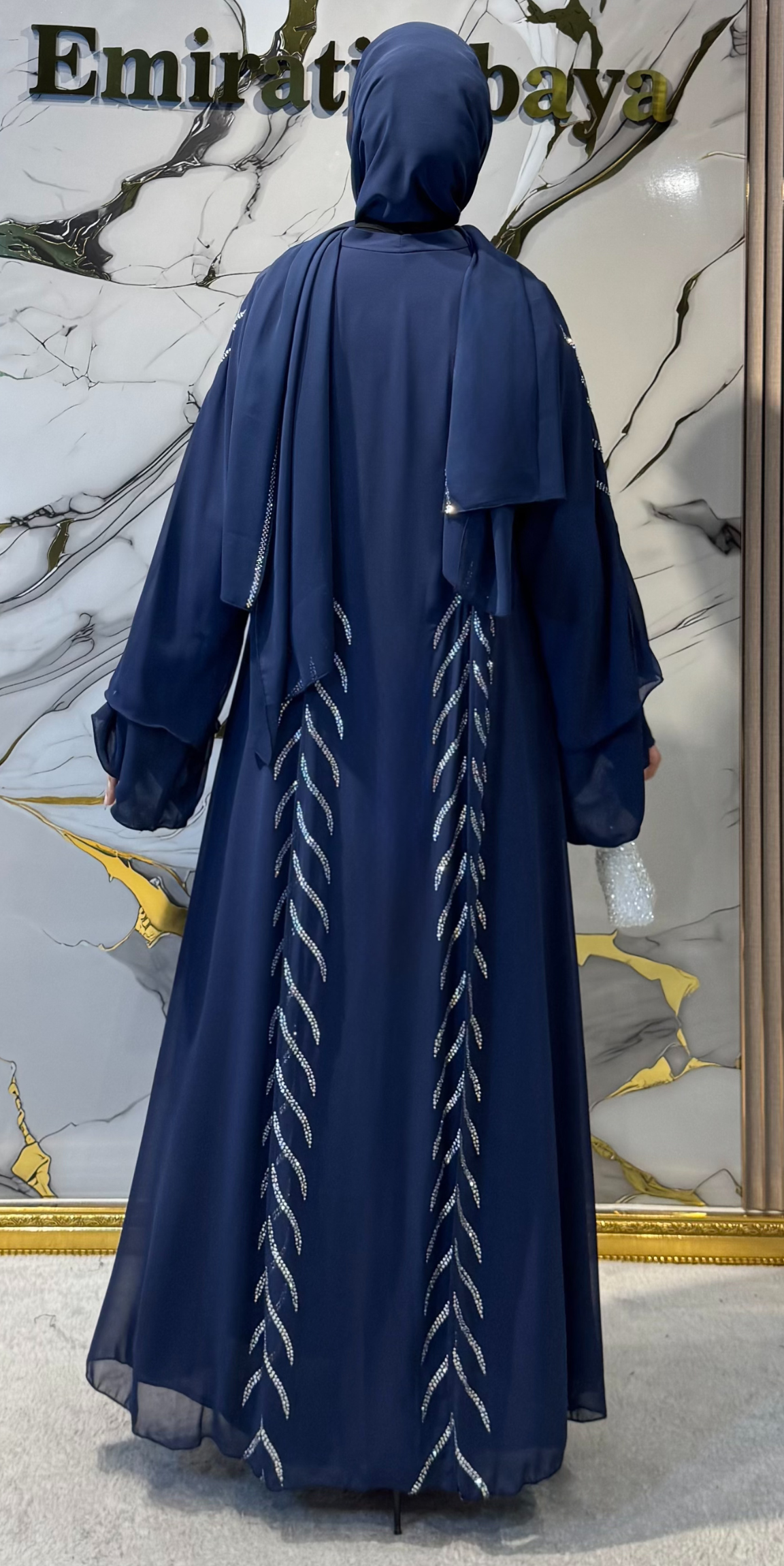 Elegant Navy Abaya with Pearl Stripe Detail | TM06 WSL TICK