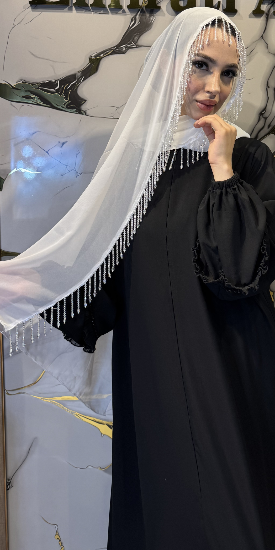 Beyaz Kore Şifon Beyaz Taşlı Şal 180x75cm SAL18 WSW - Premium Zarif Model