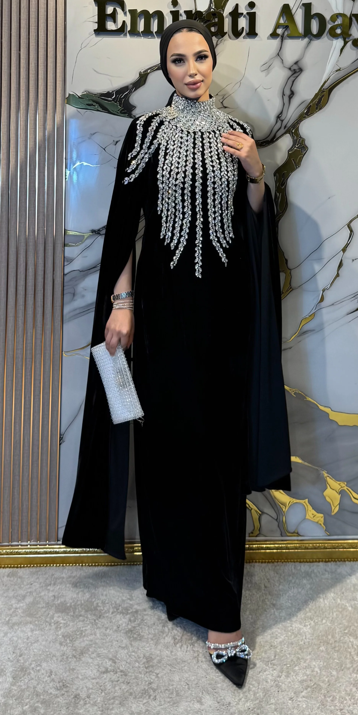 Long-Sleeved, Handcrafted Black Velvet Abaya with White Stones | EF0019 WSVB