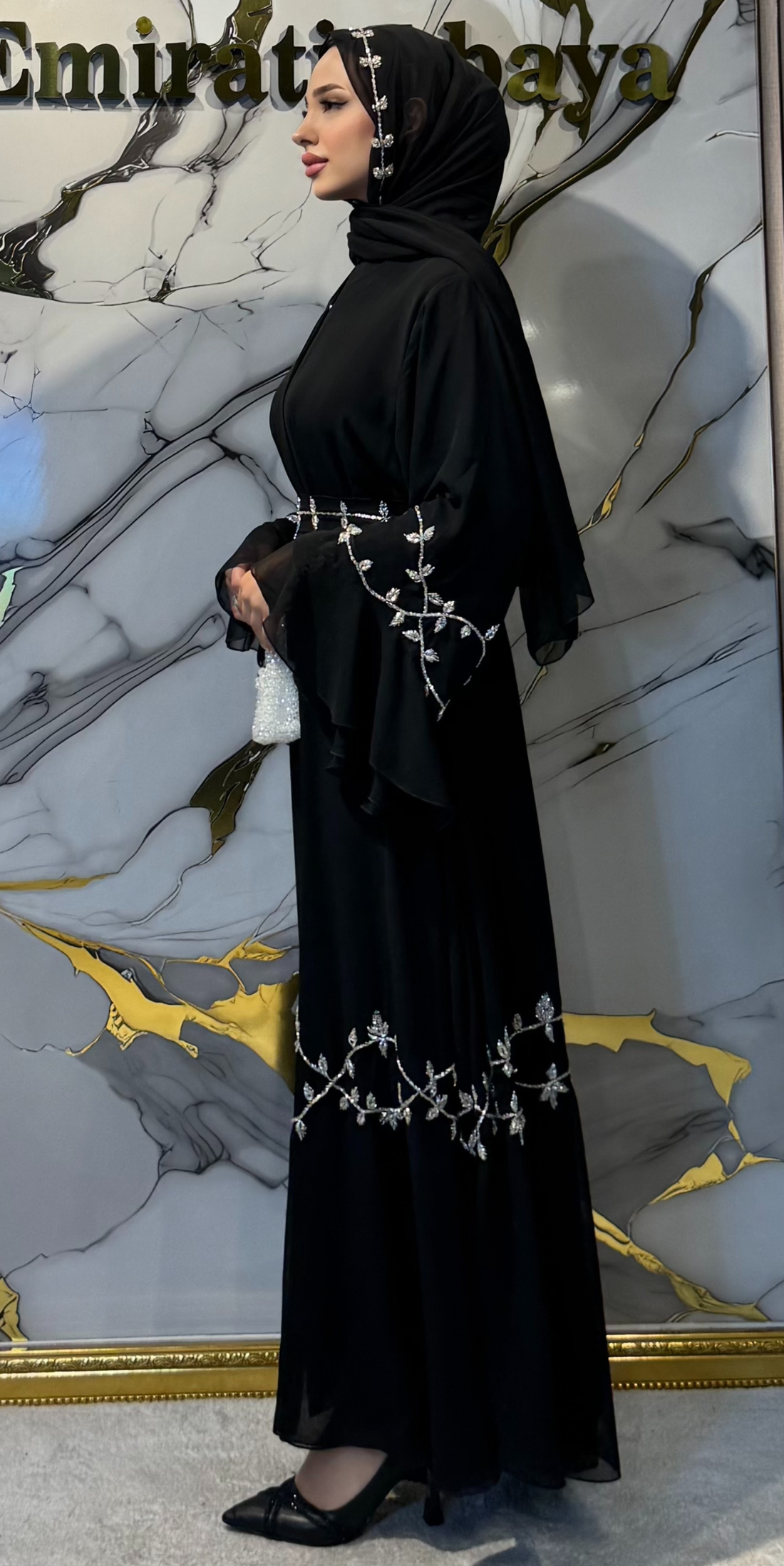 Handcrafted Swarovski Crystal Embellished Korean Chiffon Dubai Style Black Abaya