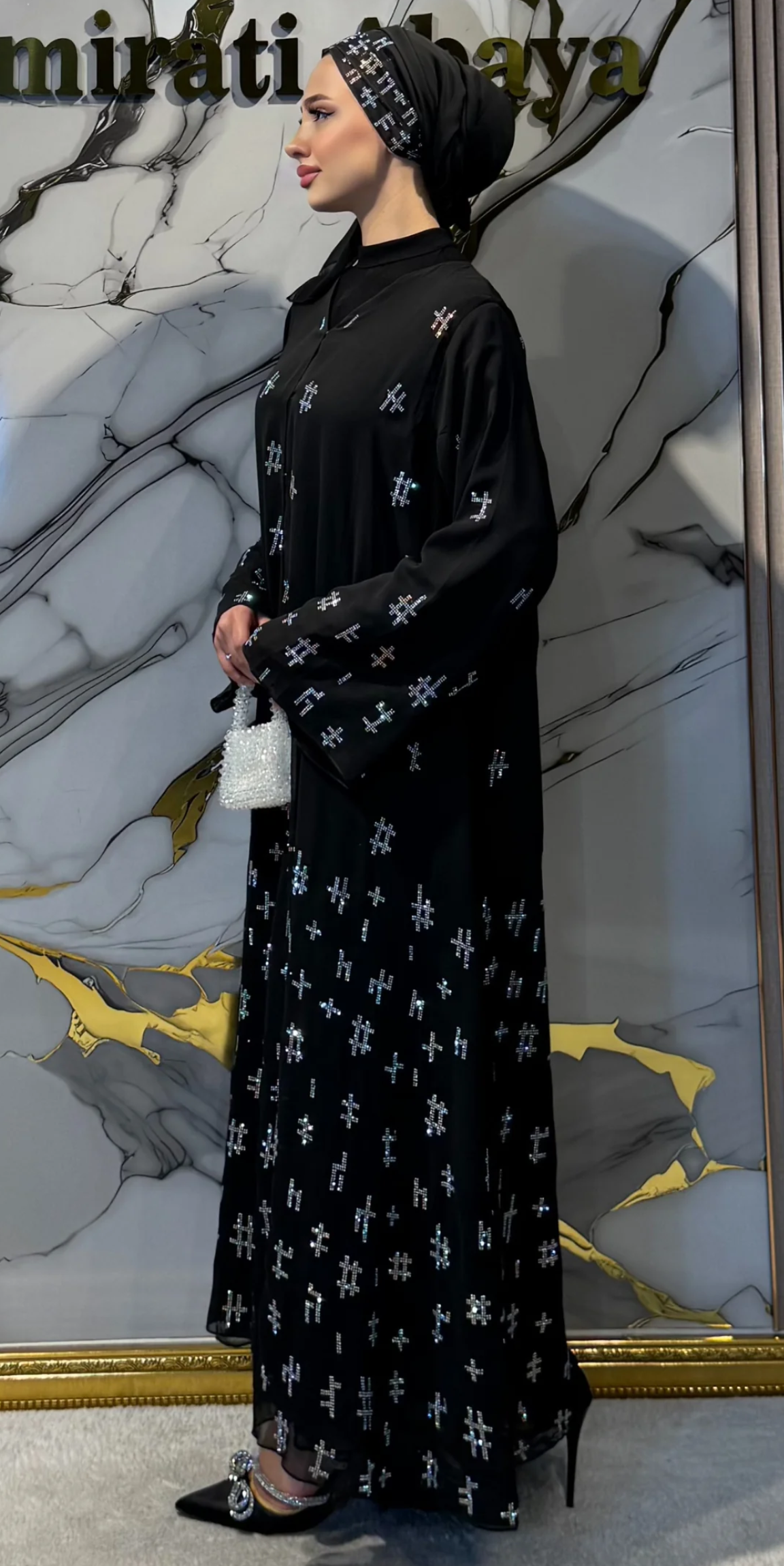 Janjan Geometrik Taş Detaylı Siyah Şifon Abaya | TM53 JSB