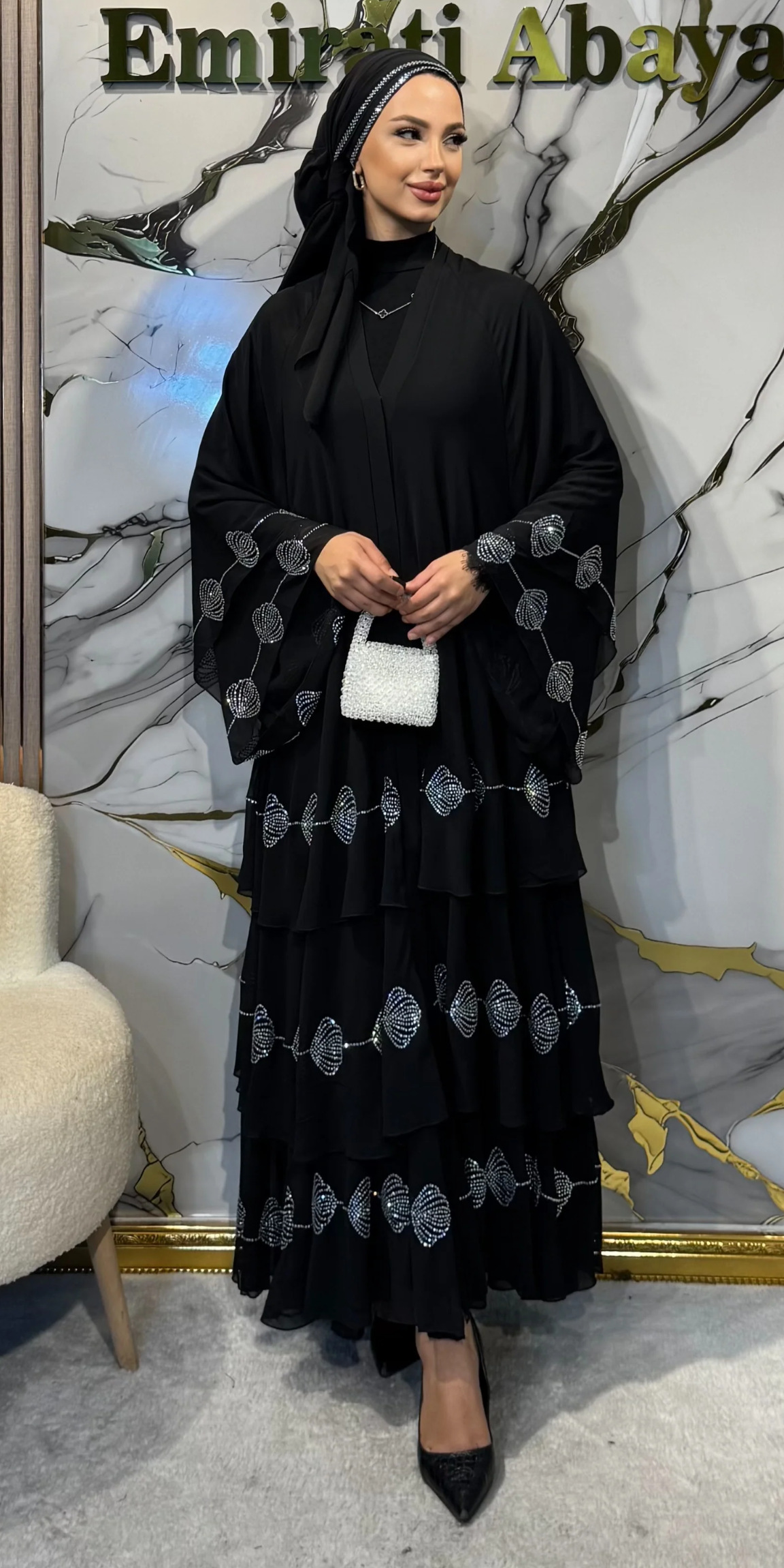 Three-Layer Chiffon Black Abaya with White Floral Hem and Button Front Closure | TM33 WSB