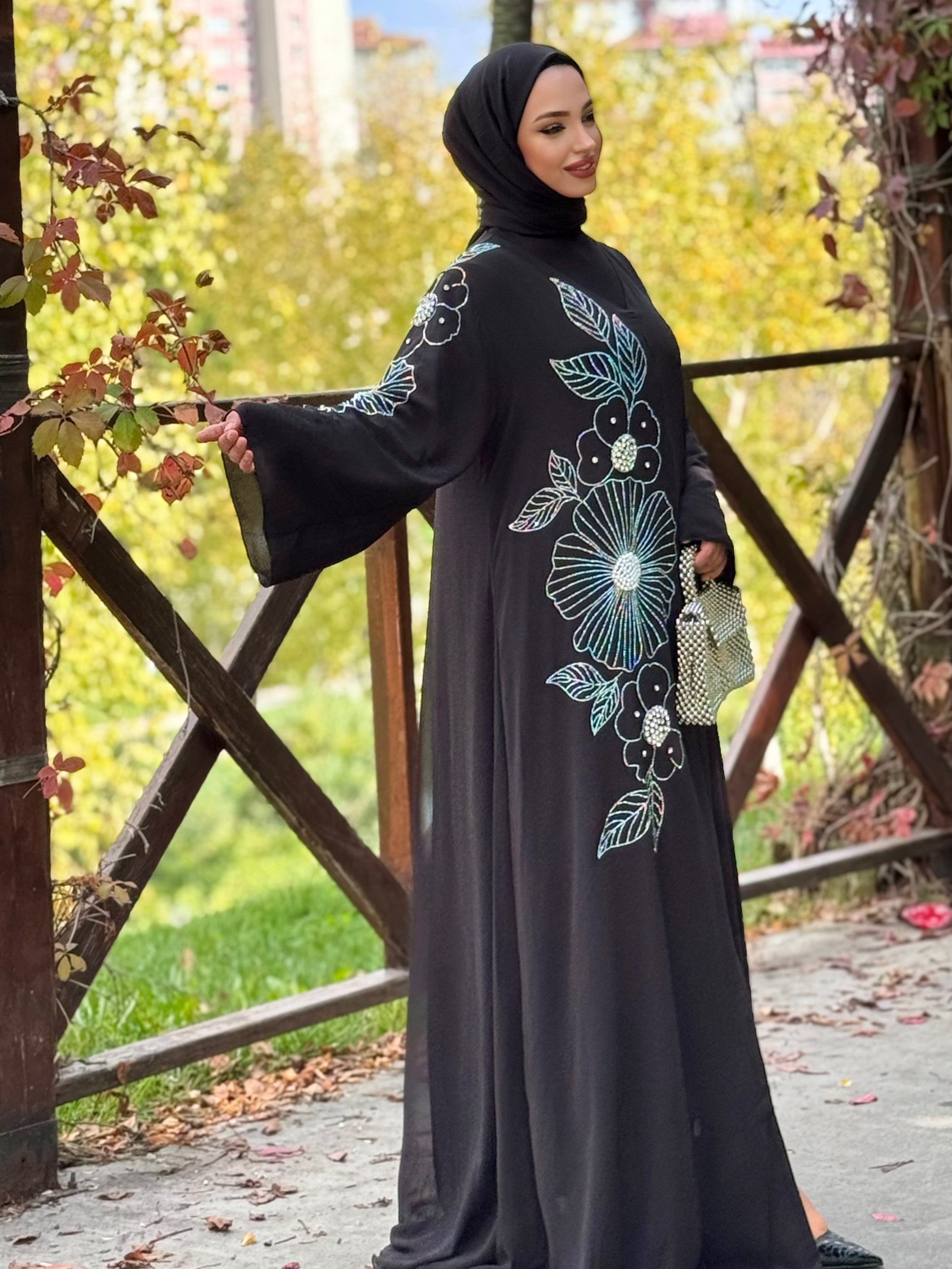 Işıltılı Taş Desenli Siyah Abaya