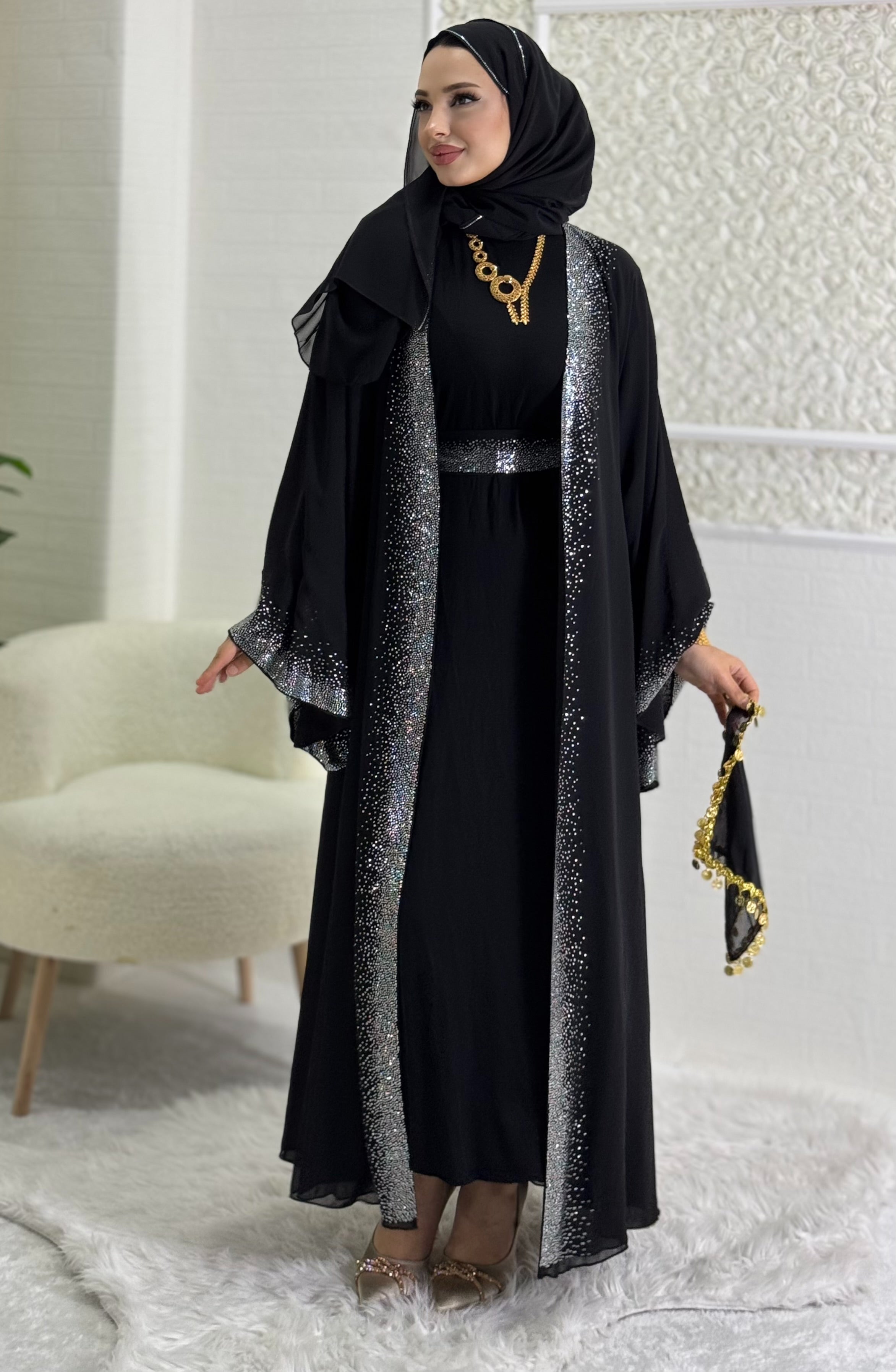 Shiny Stylish Abaya with Stones on the Front