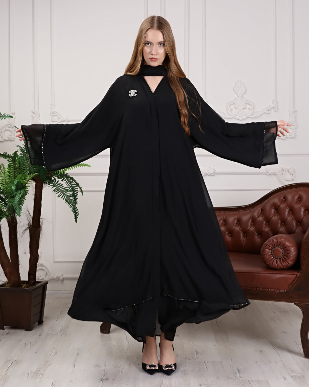 Siyah Taşlı İki Katlı Önü Çıtçıtlı Siyah Şifon Abaya – Şal ve Kemer Dahil 3 Parça Set | RK009 BSB