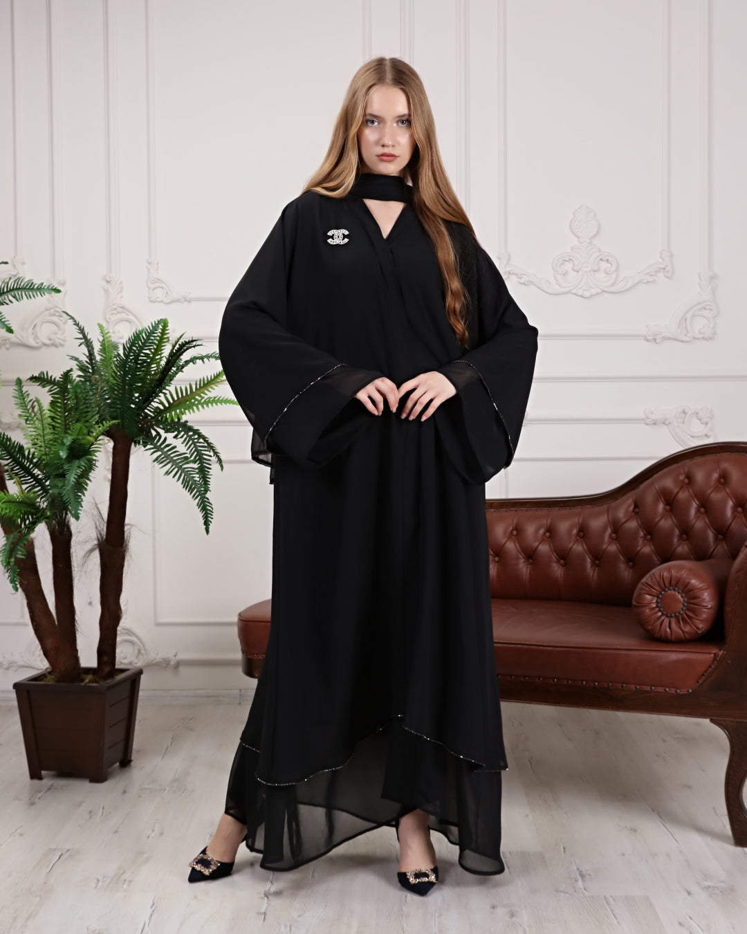 İki Katlı Swarovski Taşlı Abaya