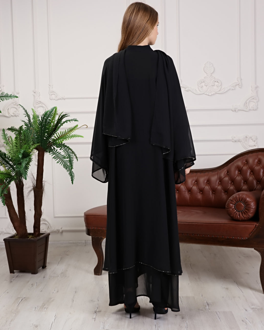 İki Katlı Swarovski Taşlı Abaya