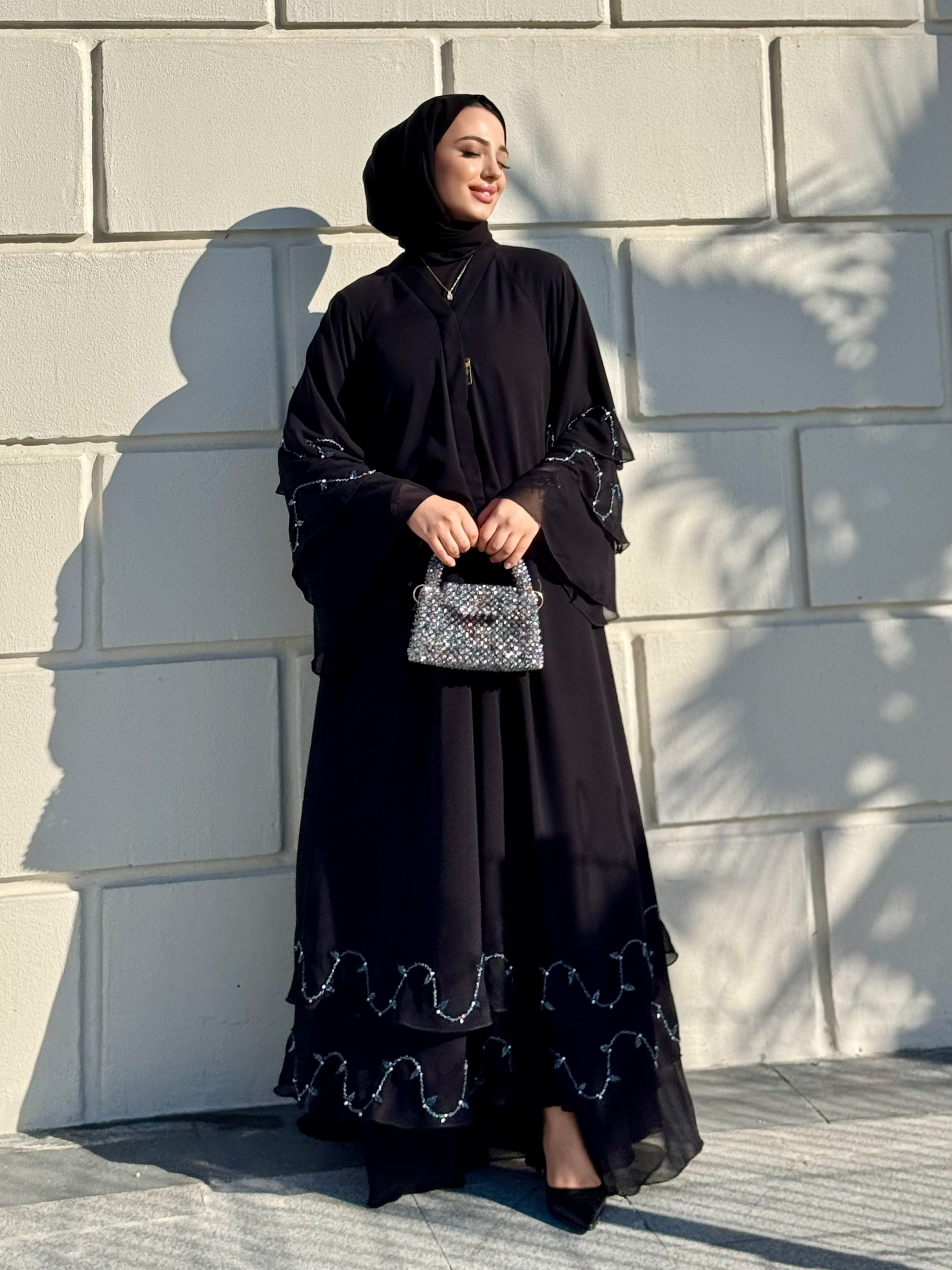 Hand Embroidered Blue Stone Black Chiffon Abaya