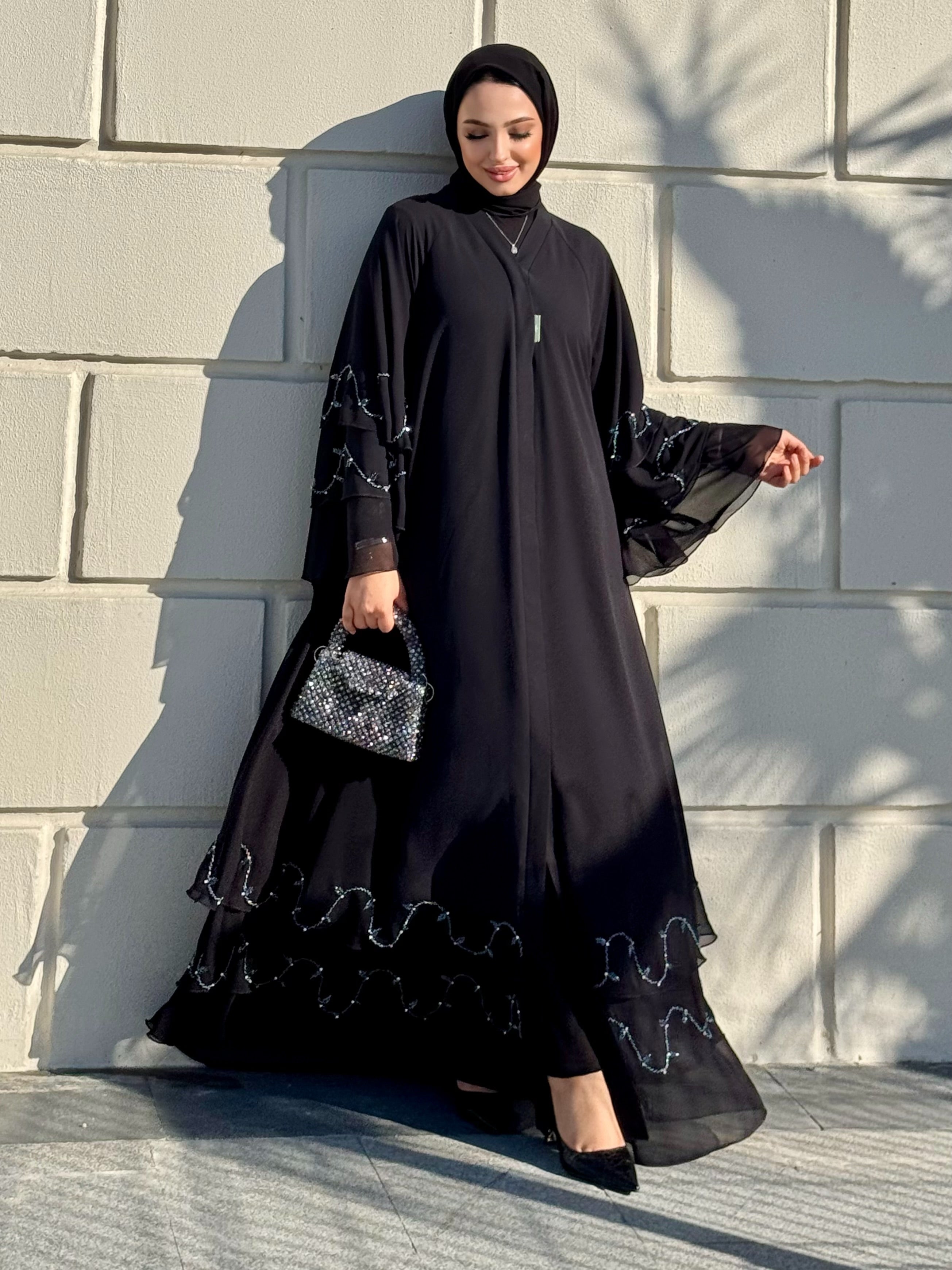 Hand Embroidered Blue Stone Black Chiffon Abaya