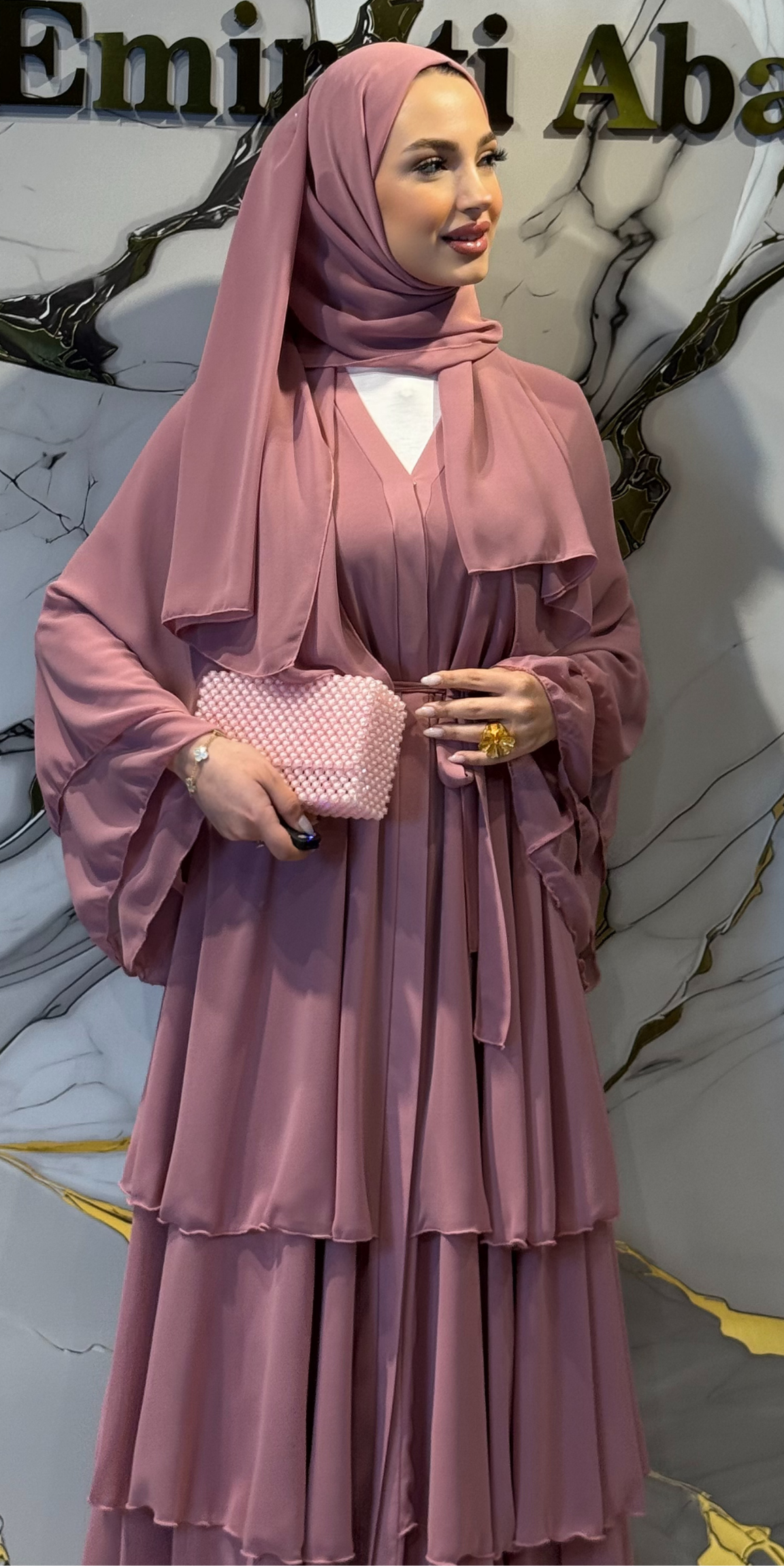 Three-Layer Pink Chiffon Abaya RK011 D PINK - Everyday Model Including Buttoned Shawl and Belt