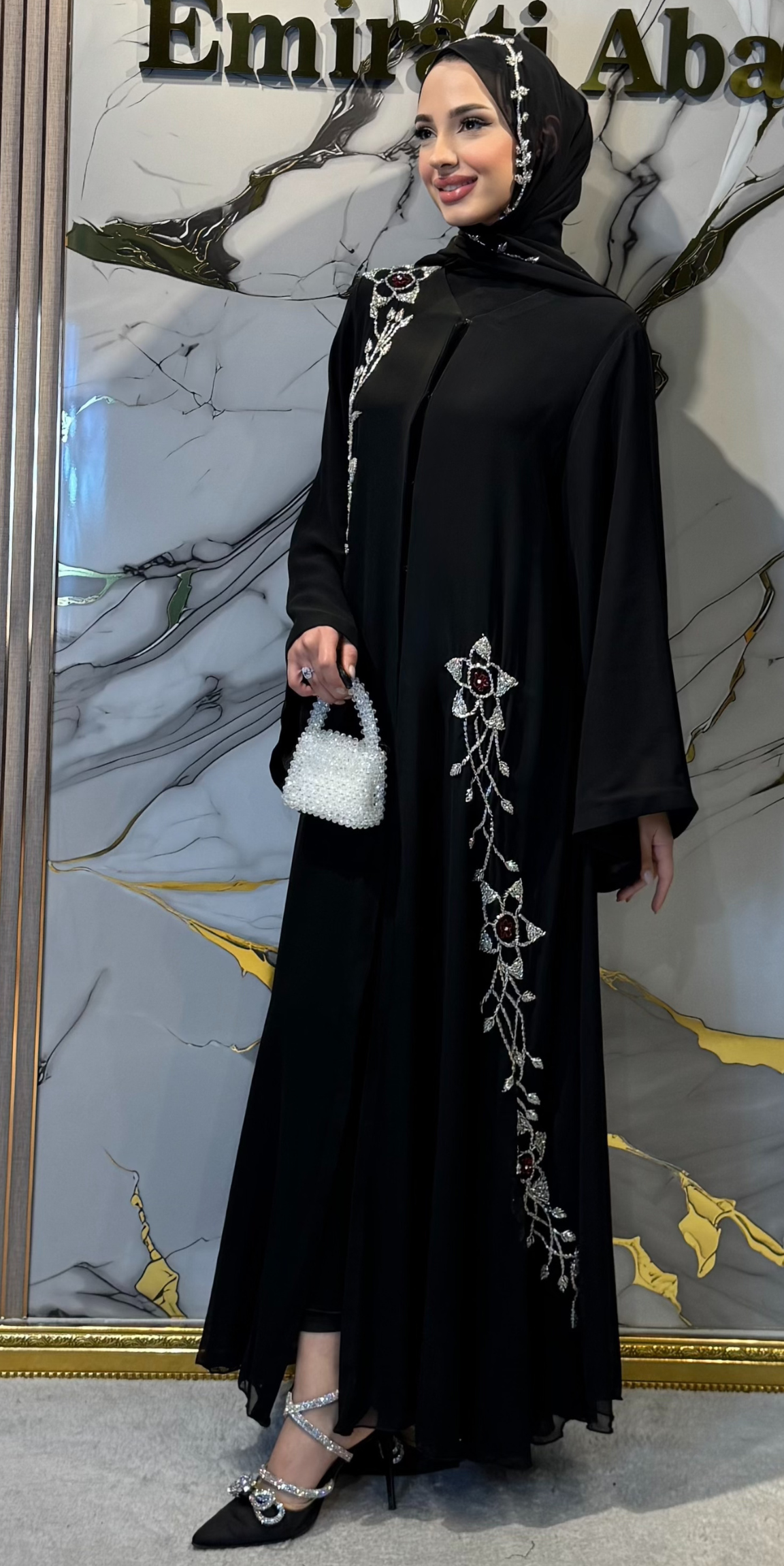 Premium Kore Şifon Swarovski Kristalli Abaya - El İşi Zarafet | EF0015 WSB