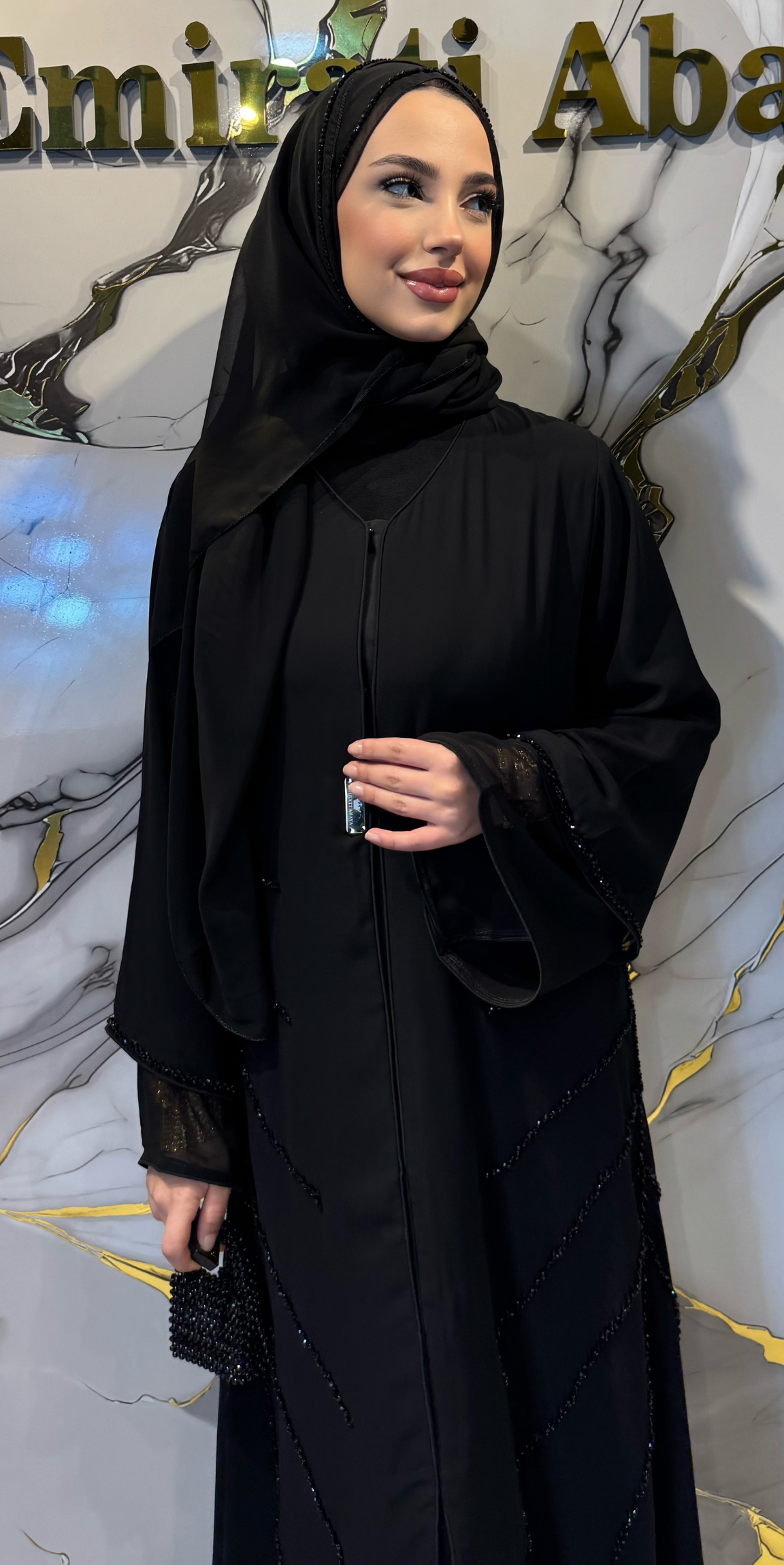 El İşlemesi Siyah Taşlı Siyah Şifon Abaya M91 BSB - Zarif El İşçiliği Model