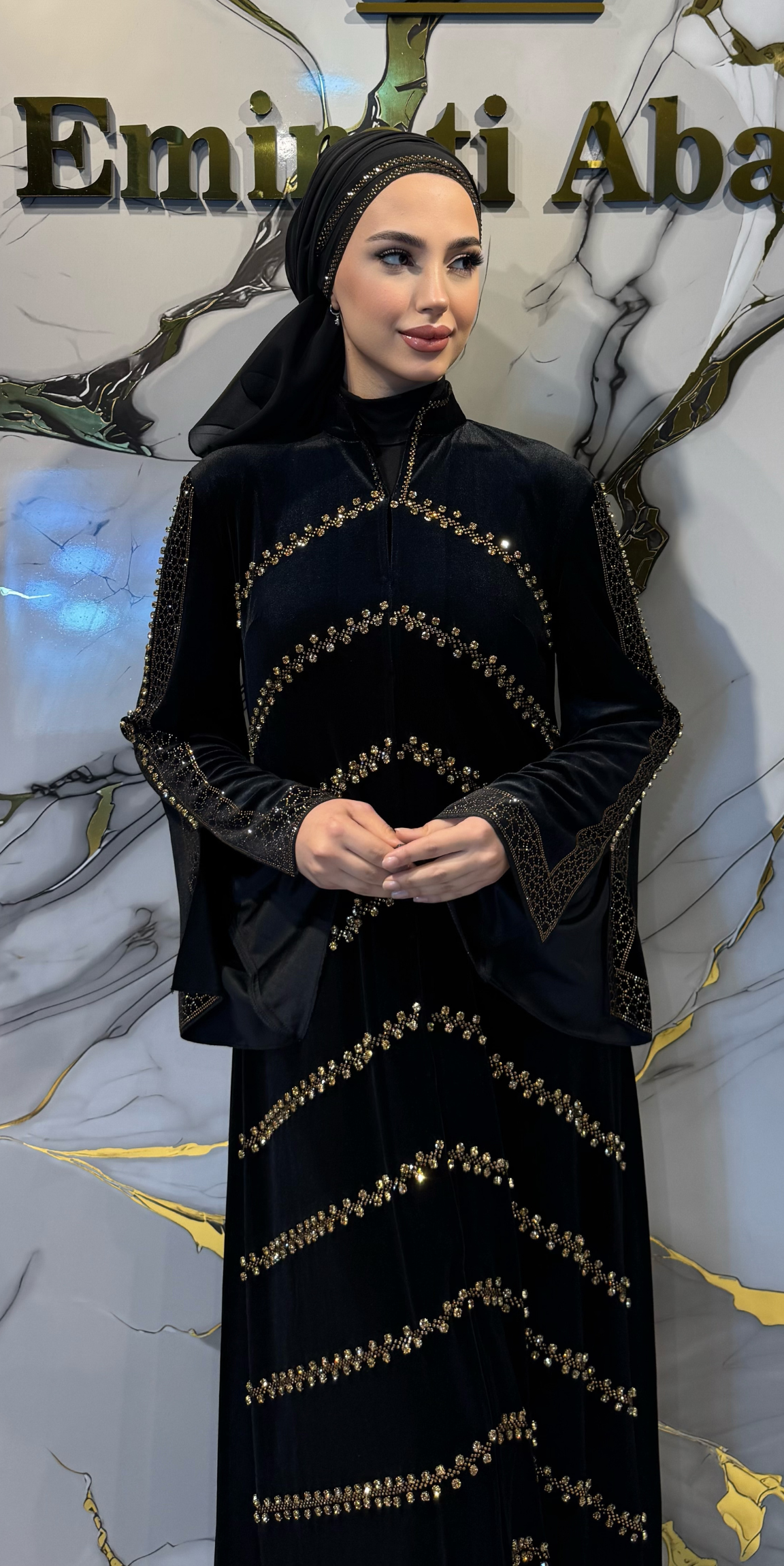 Gold Swarovski and Faux Stone Embellished Black Velvet Dubai Style Abaya