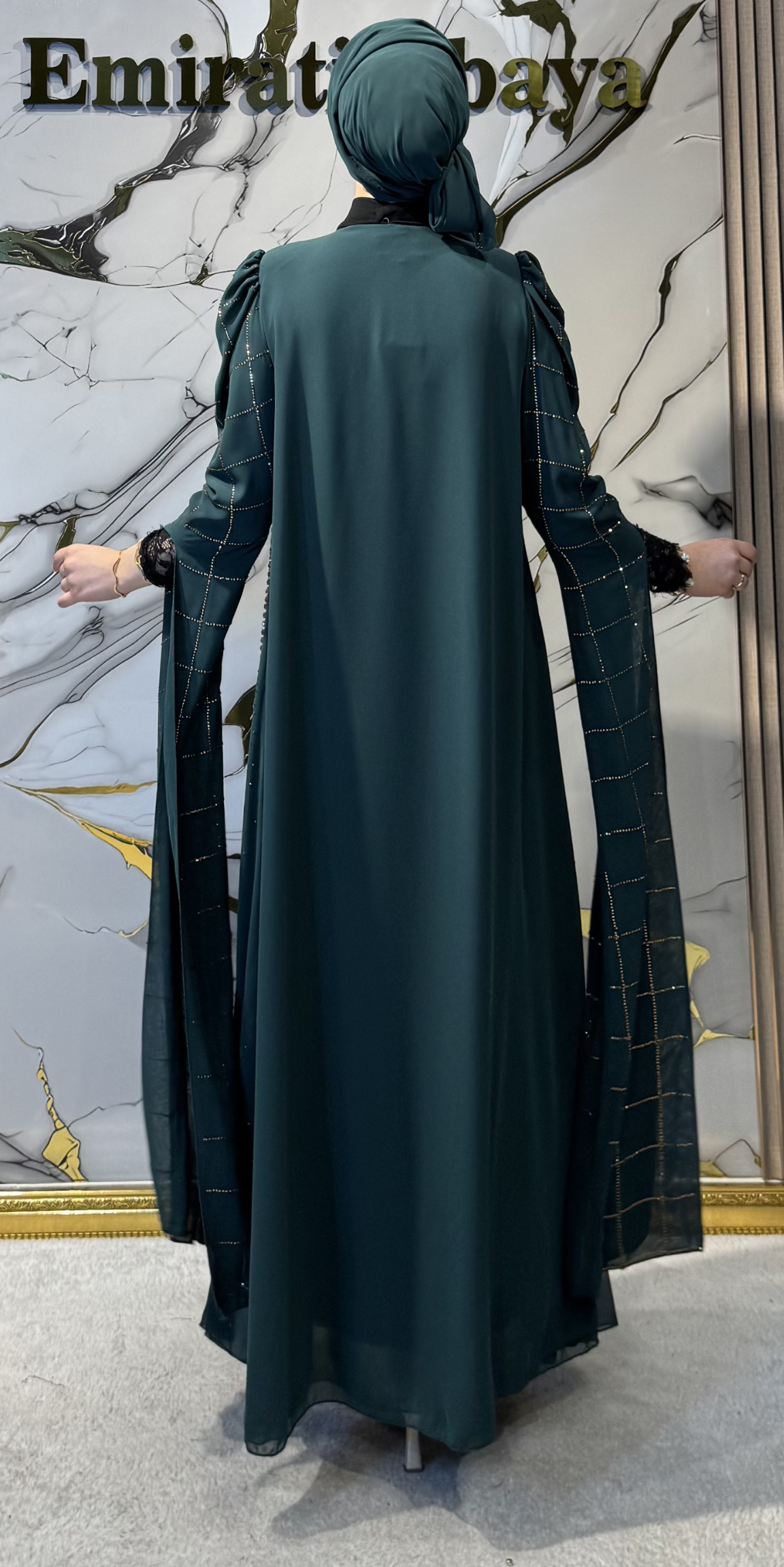 Gold Taşlı Geometrik Desenli Yeşil Şifon Abaya Şal Dahil | TM83 GSG