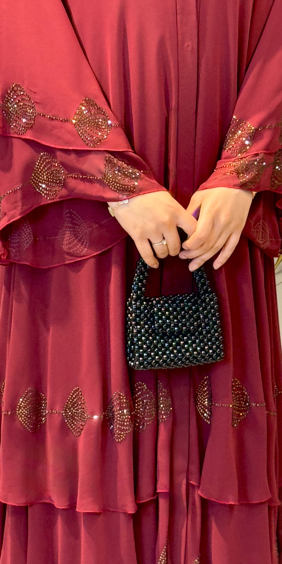 Three-Layer Chiffon Abaya with Gold Floral Hem in Burgundy | TM33 GS BORDEAUX