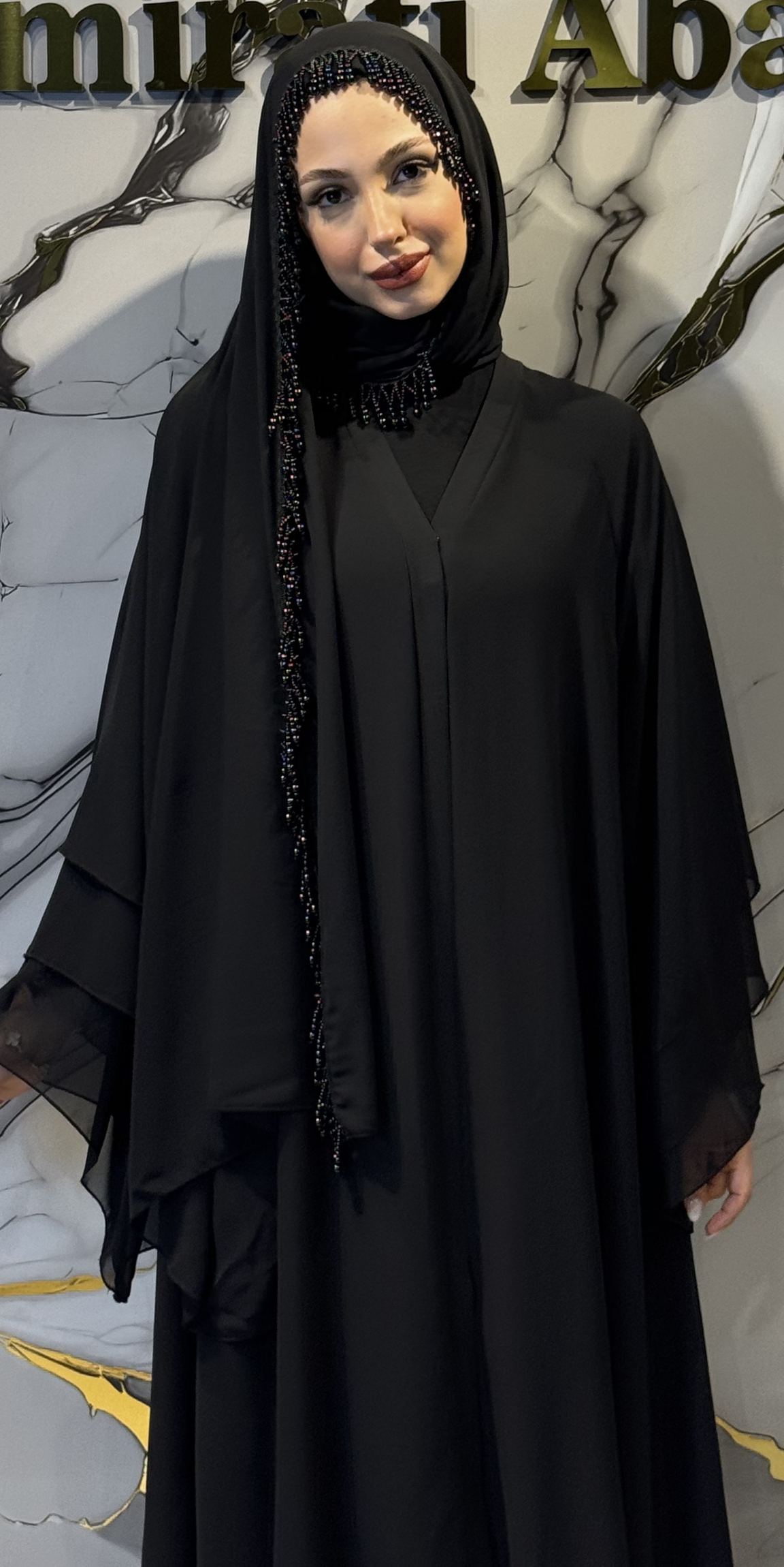 Black Chiffon Scarf with Tassel and Pearl Details, 180x75cm - Elegant Scattered Design