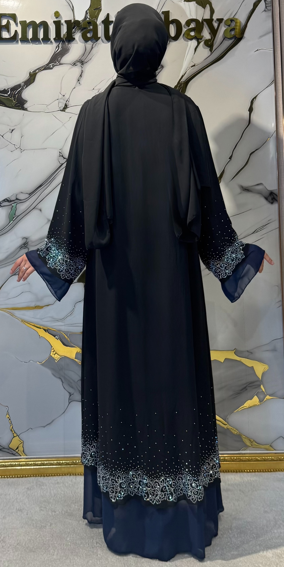 Lüks Janjan Taşlı Siyah & Lacivert İki Renkli Şifon Abaya Önden Düğmeli | LY07 JSB