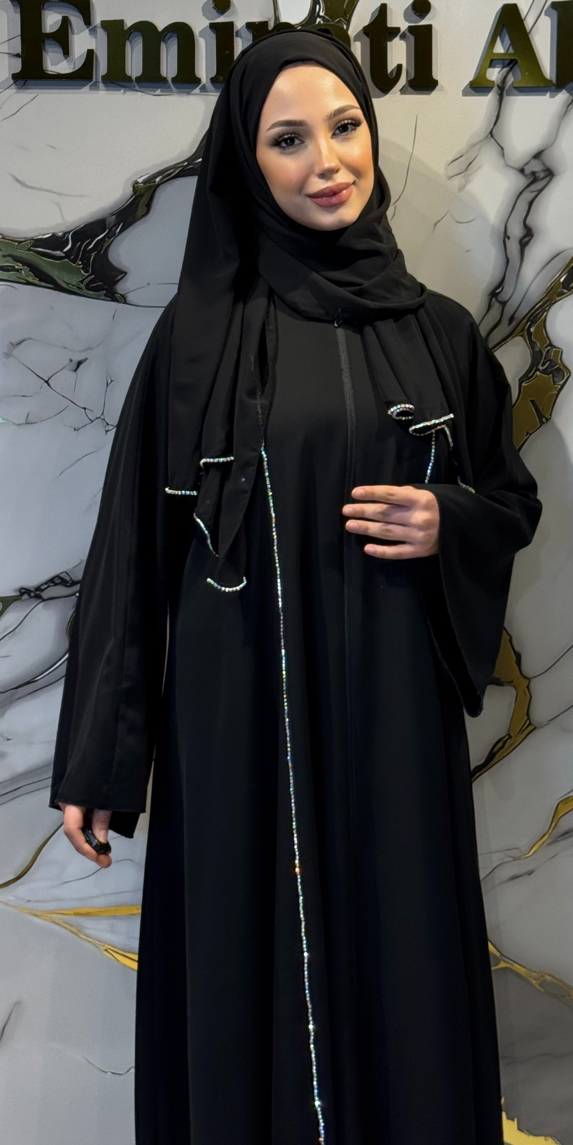 Swarovski Crystal Embellished Zippered Black Abaya TM0101WB - Luxurious and Elegant Model