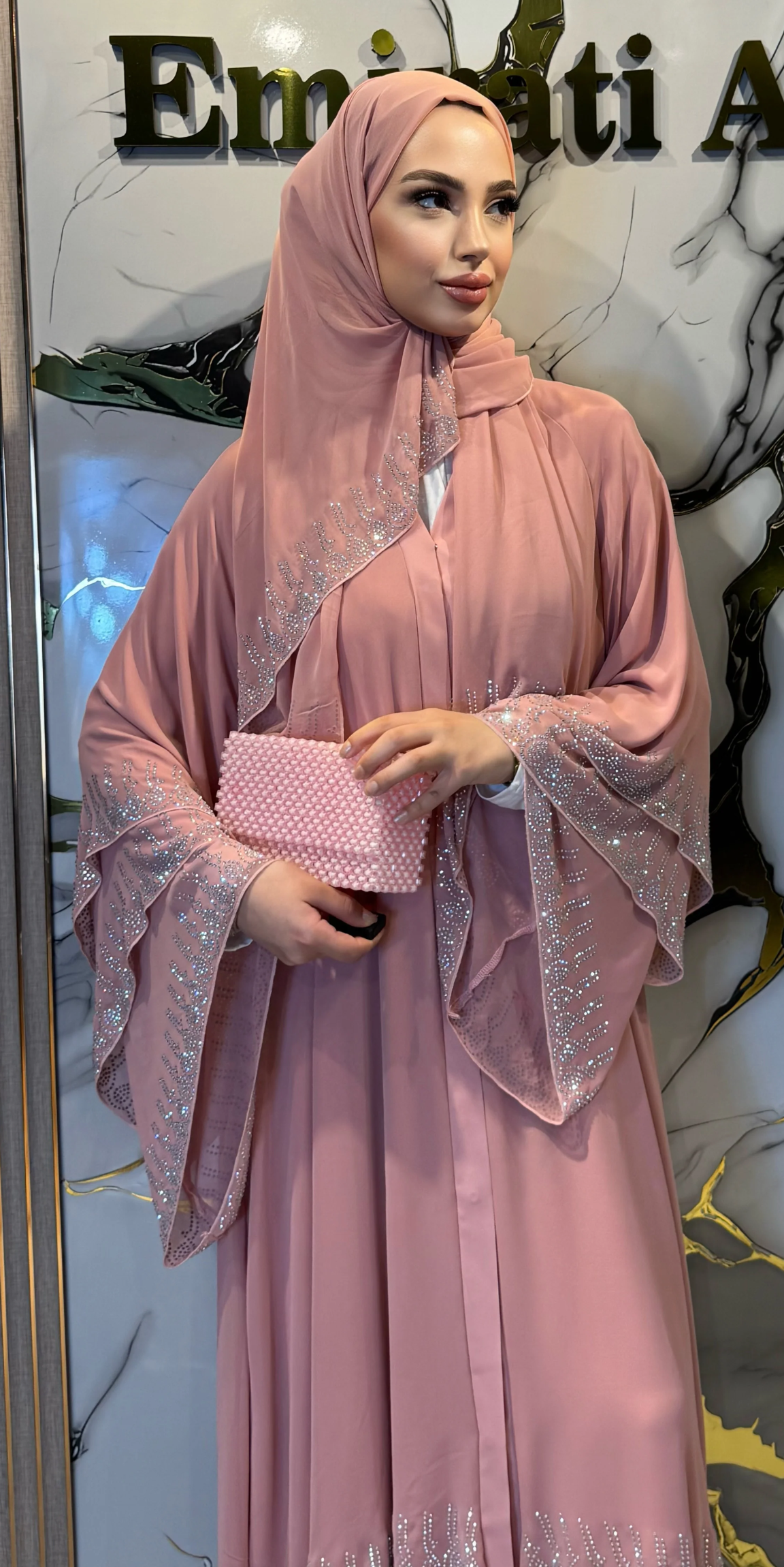 Three-Layer JanJan Embellished Pink Chiffon Set | M7 JSP