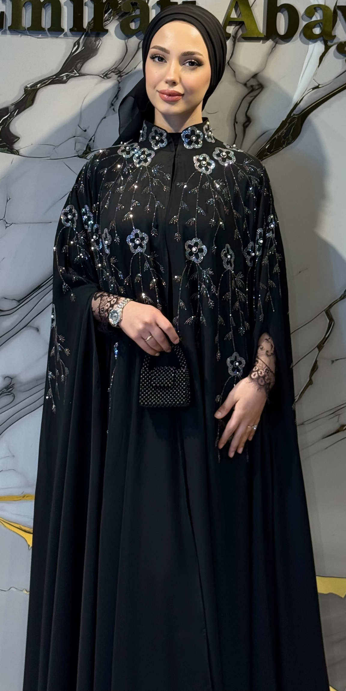 Black Korean Chiffon Abaya LY44 WSB with Hematite and Swarovski Crystals - 3-Piece Luxury Set (Includes Shawl and Undershirt)