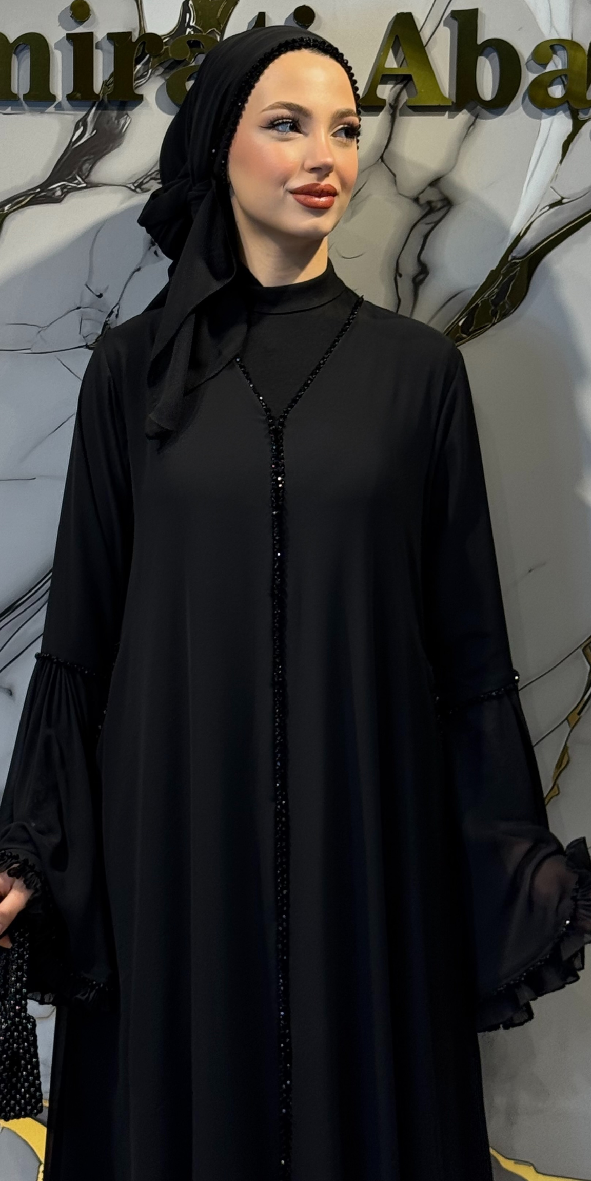 Siyah Taşlı Şifon Takım Çan Kol Detaylı | WS96 BSB