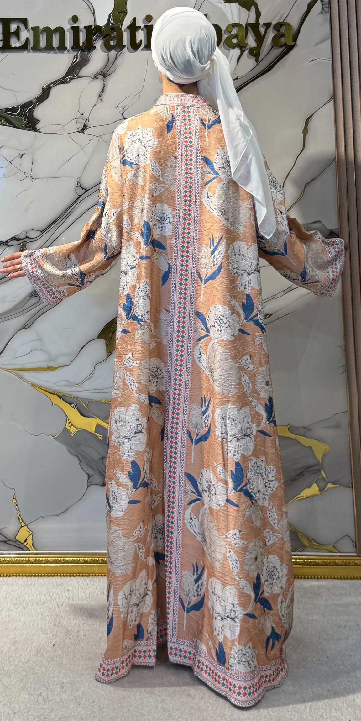 Çiçek Baskılı Turuncu Jakar Günlük Abaya | KSA05 ORANGE