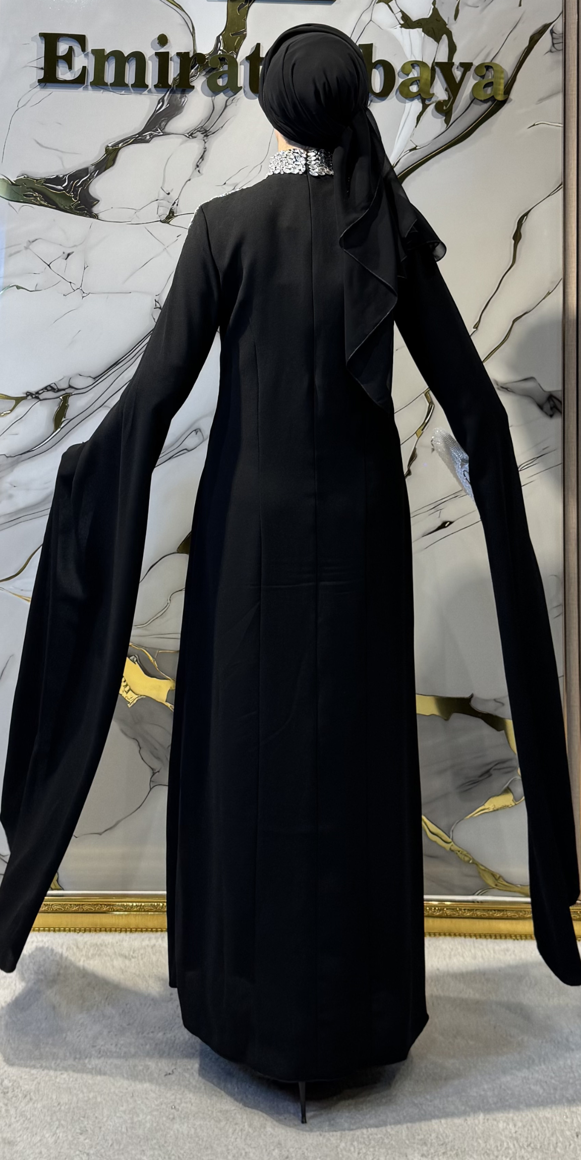 Handmade Black Dubai Fabric Abaya with White Stones | EF0019 WSDB