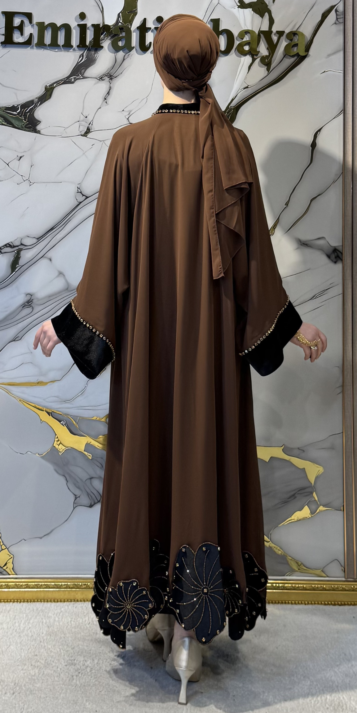 Brown Chiffon Abaya with Floral Embellishments on the Hem and Black Velvet Details | WS60 GSK