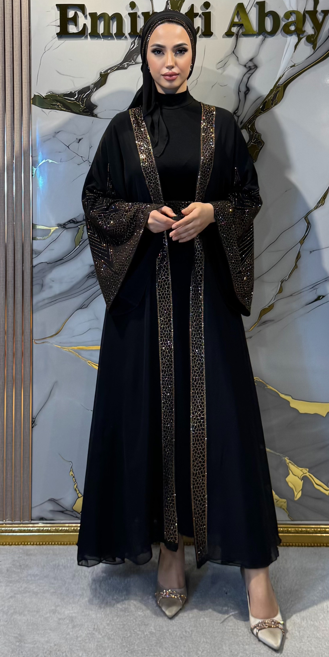 Dubai Stil Altın Swarovski Taşlı Premium Kore Şifon Abaya TM72 - 4 Parça Lüks Set (Şal, Kemer ve İçlik Dahil) TM72 GSB