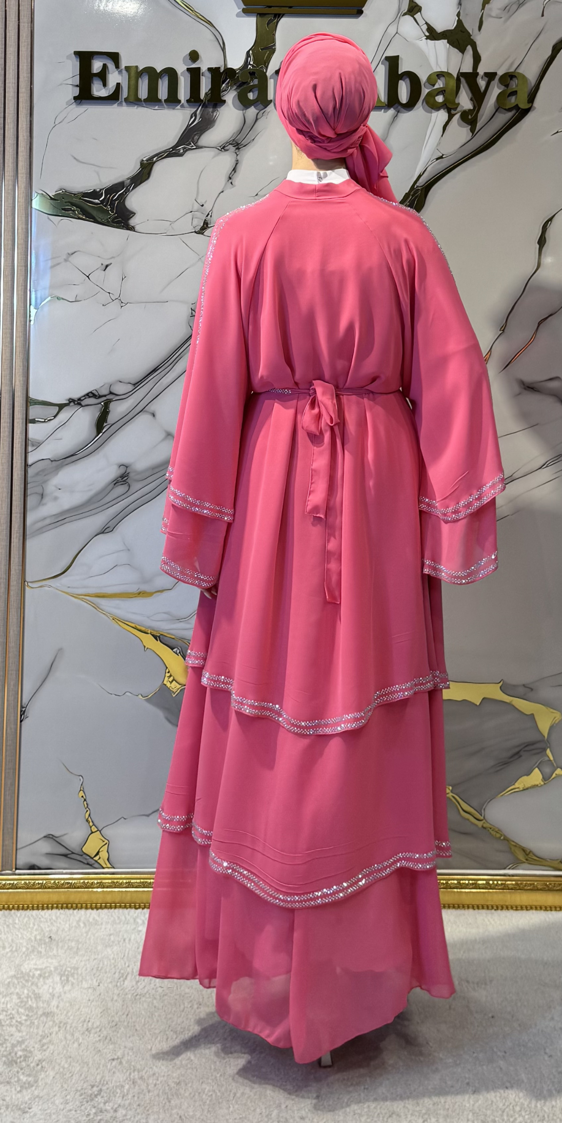 Three-Layer Pink and White Embellished Chiffon Abaya - Belt and Shawl Included | TM44 WSP