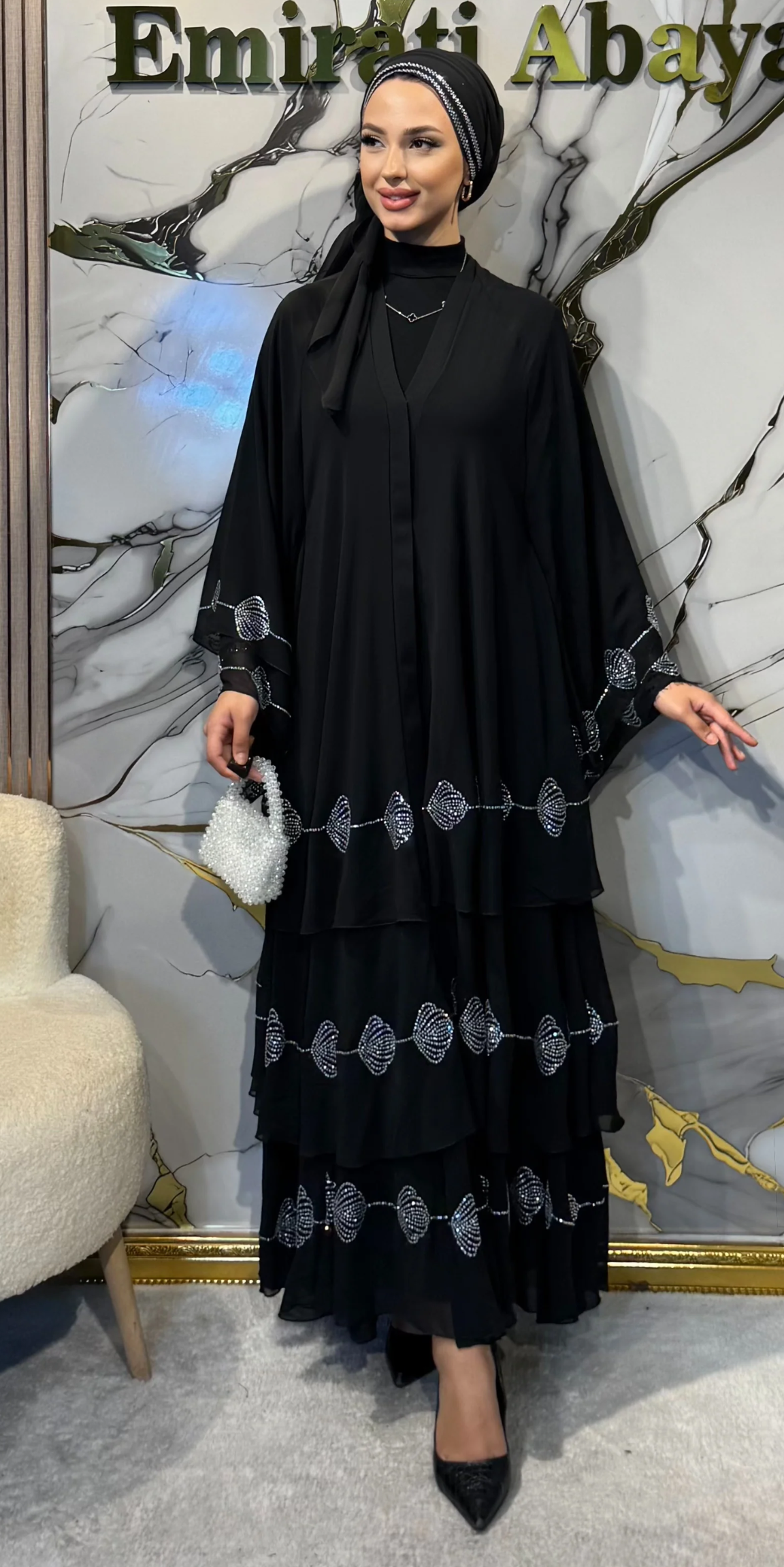 Three-Layer Chiffon Black Abaya with White Floral Hem and Button Front Closure | TM33 WSB
