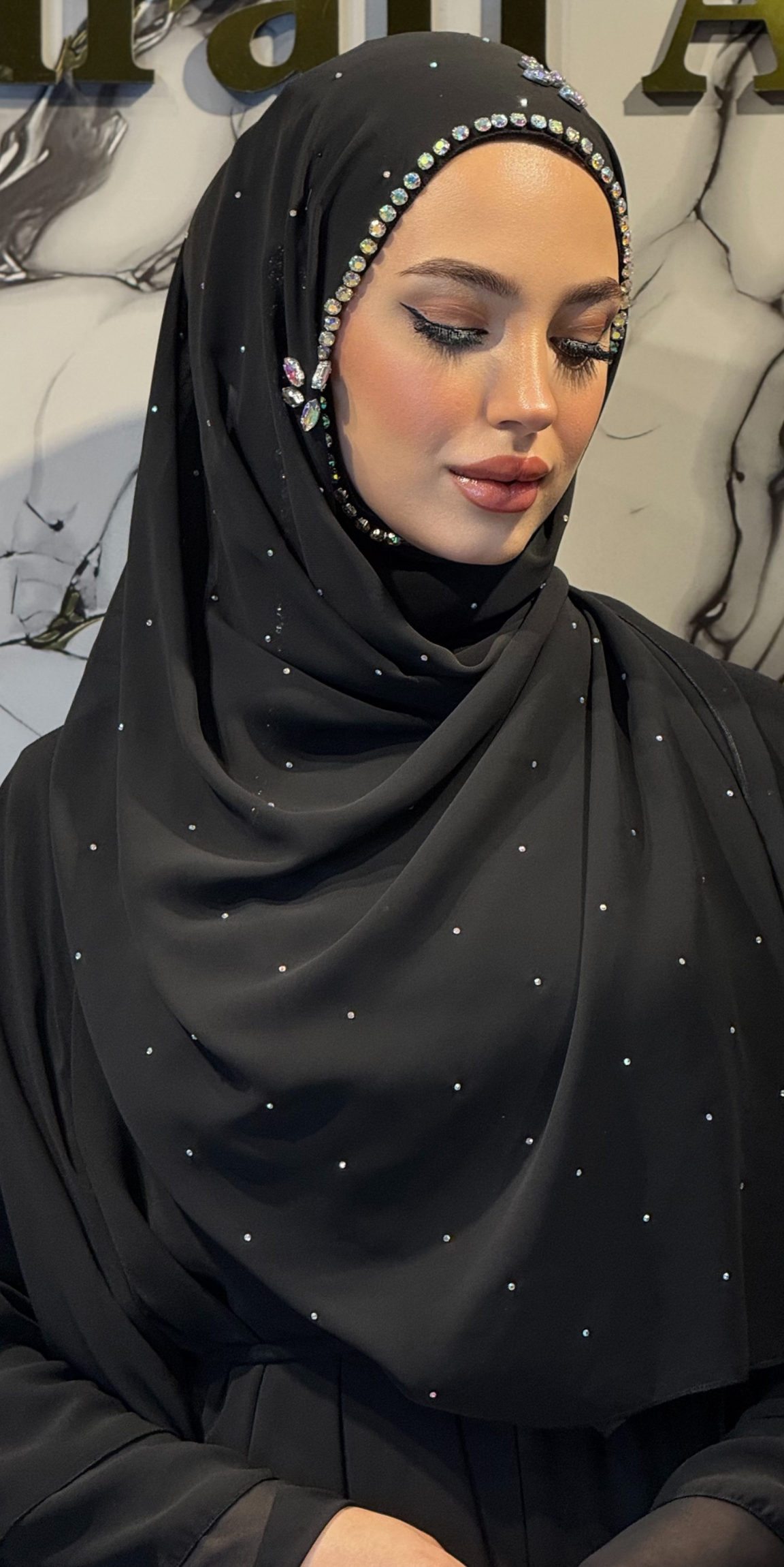 Face Frame Embellished Black Chiffon Scarf with White and JanJan Stones