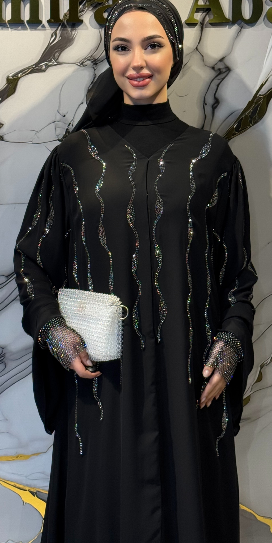 Luxury Tree Root Patterned Black Chiffon Abaya with Hematite Stones