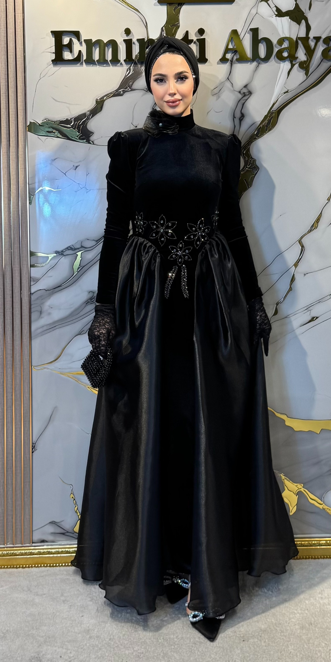 Dubai Style Evening Dress with Hematite Stones, Velvet and Organza Details