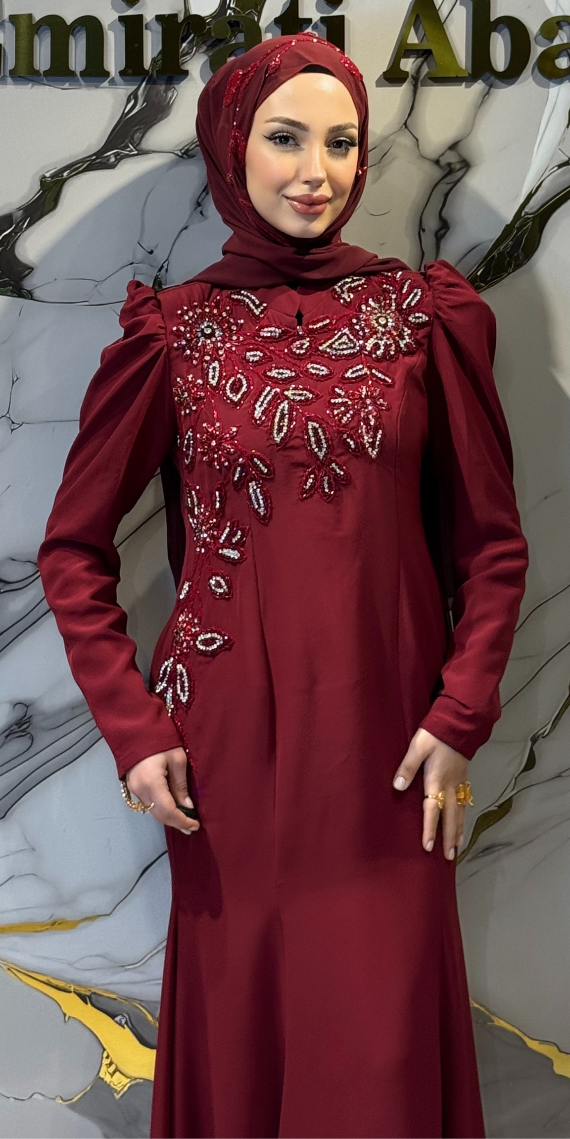 El İşlemeli Beyaz Taşlı Bordo Krep Abaya | EF0033 WS BORDO