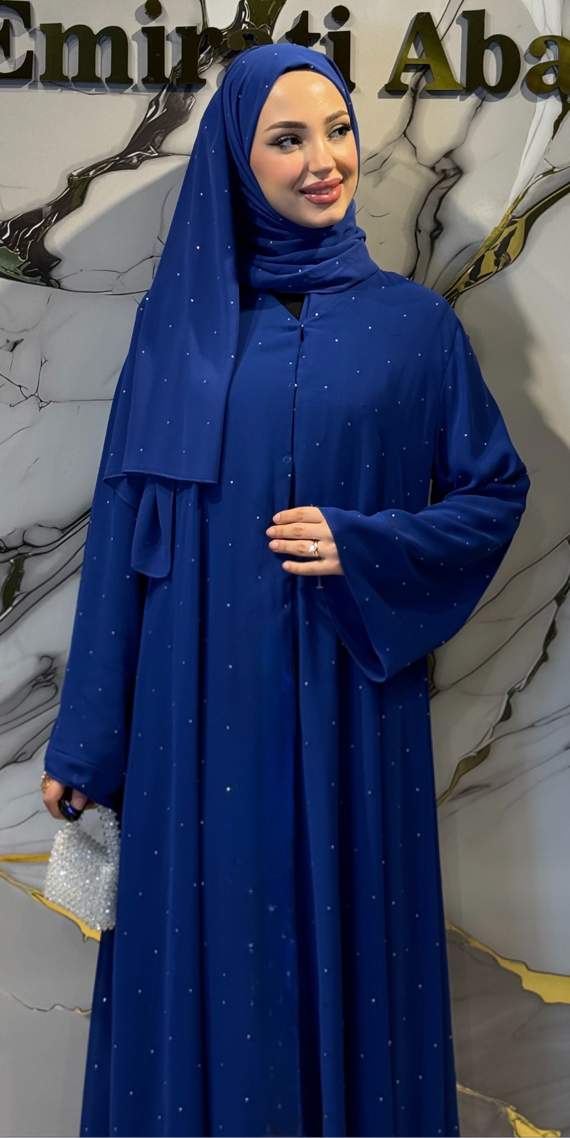 Swarovski Taşlı Şifon Abaya - Kraliyet Mavisi Çıtçıtlı Lüks Model TM063 WSSM