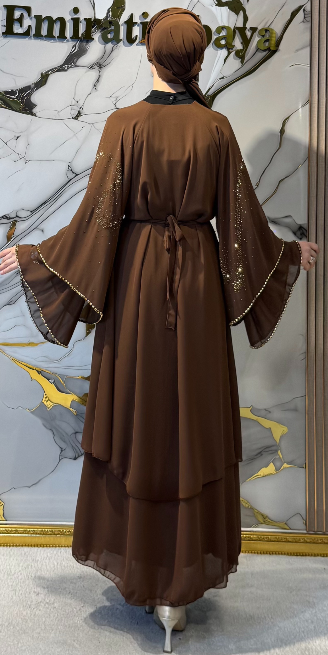 Altın Çakılmış Taşlı Kahverengi Dubai Abaya | LY48 GSK