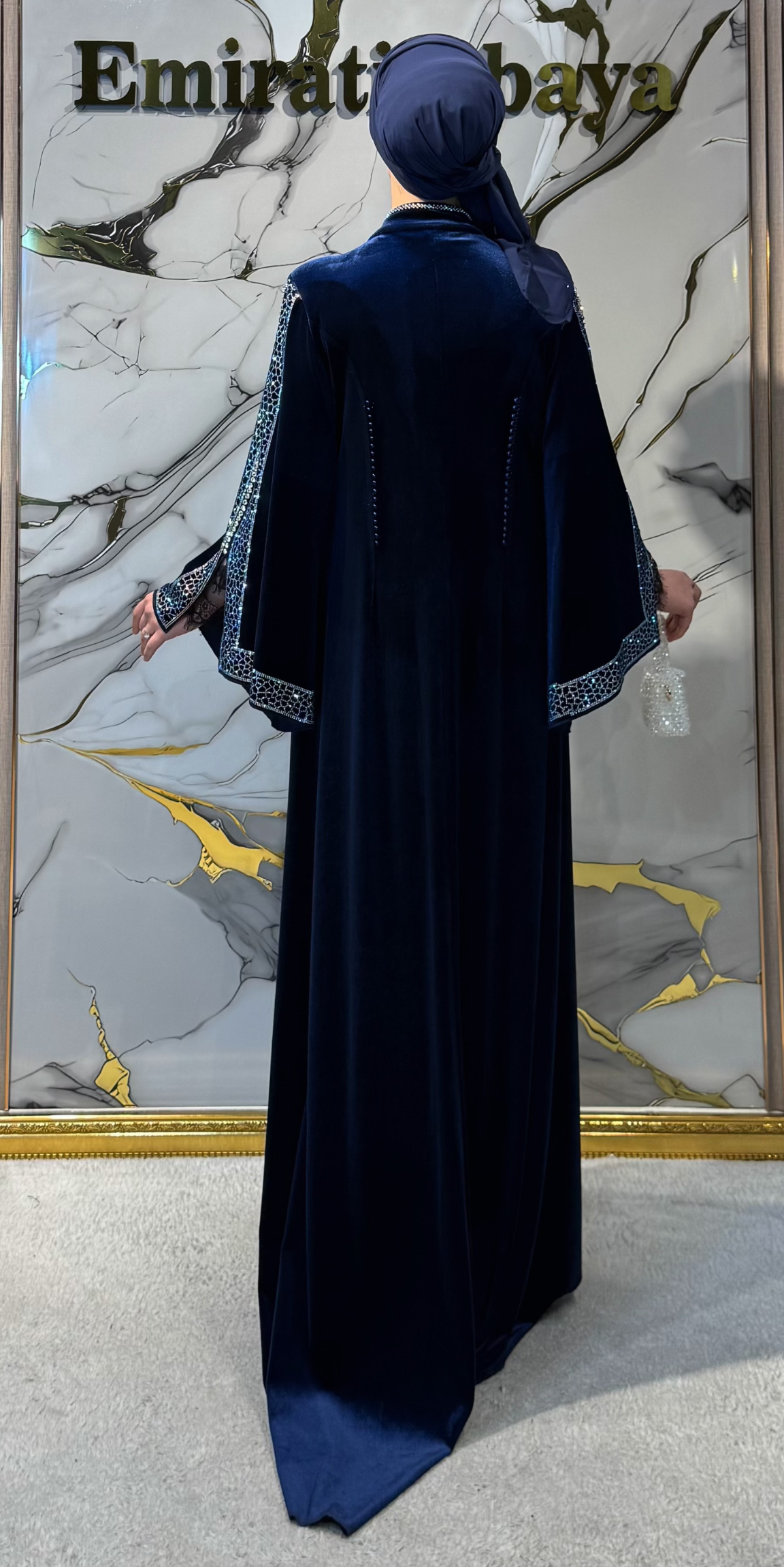 Blue Evening Dress with Swarovski Crystal Embellished Sleeves, Slit Back, and Train - Elegant Luxury Model WS15 JSVL