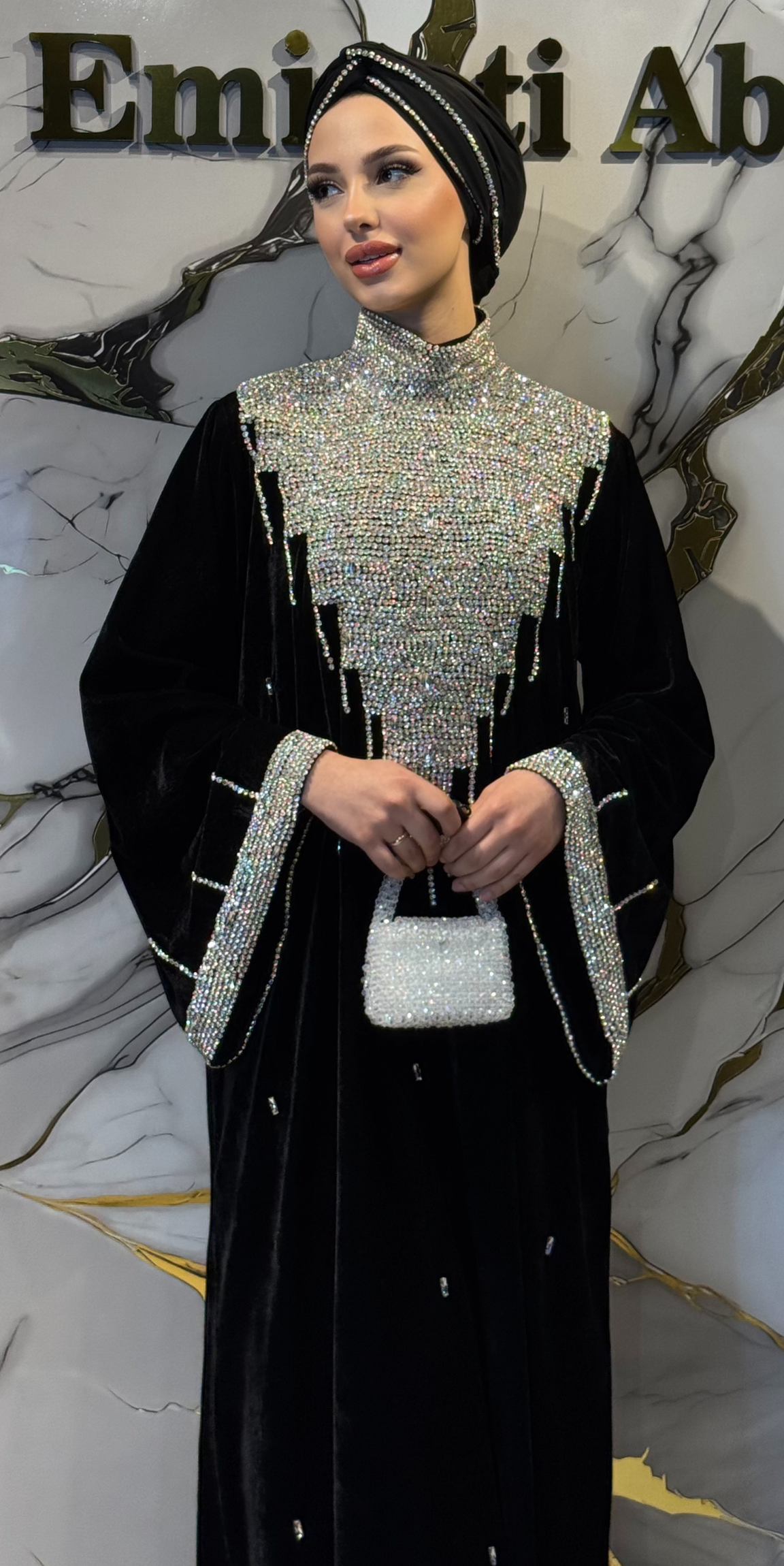 Handmade Black Velvet Abaya with White Stones and Tassels | EF0026 WSVB