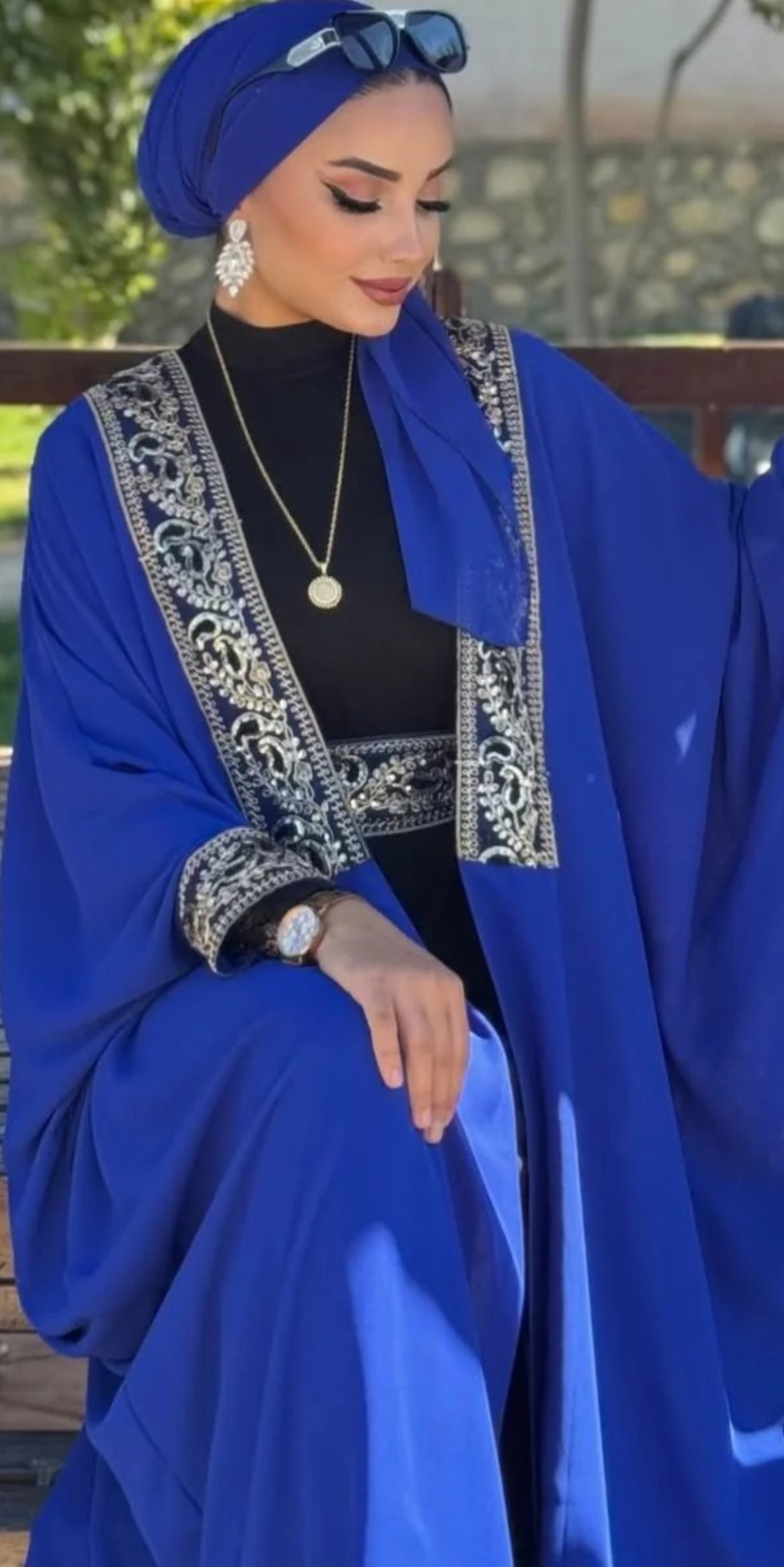 Black Traditional Abaya with Gold Pattern Front TM087 - 4-Piece Set (Includes Shawl, Belt and Inner Top)