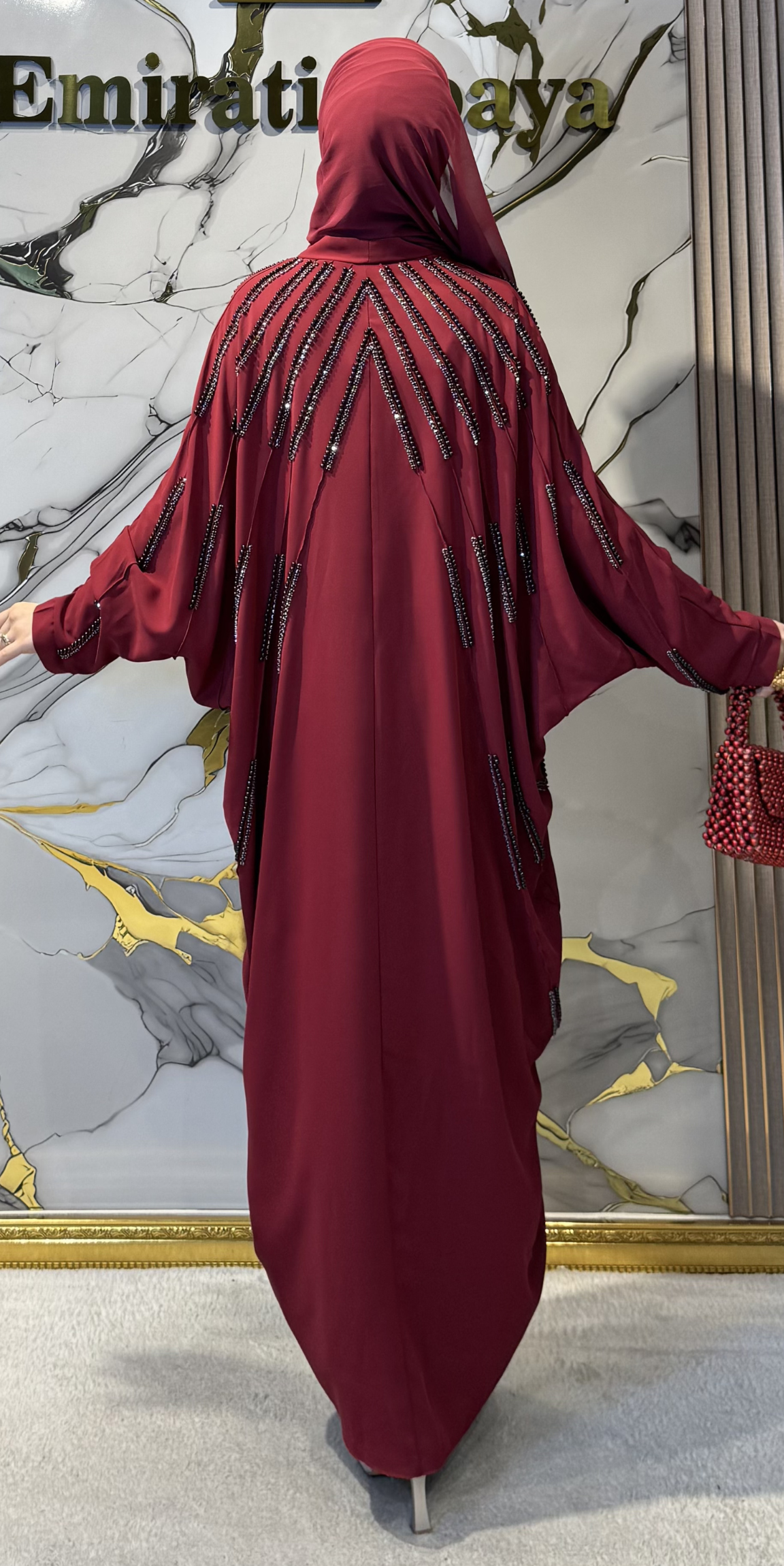 Front Embellished with Pearls and Black Stones Chiffon Burgundy Abaya - Elegant and Stylish Model TM089 C BURGUNDY BS