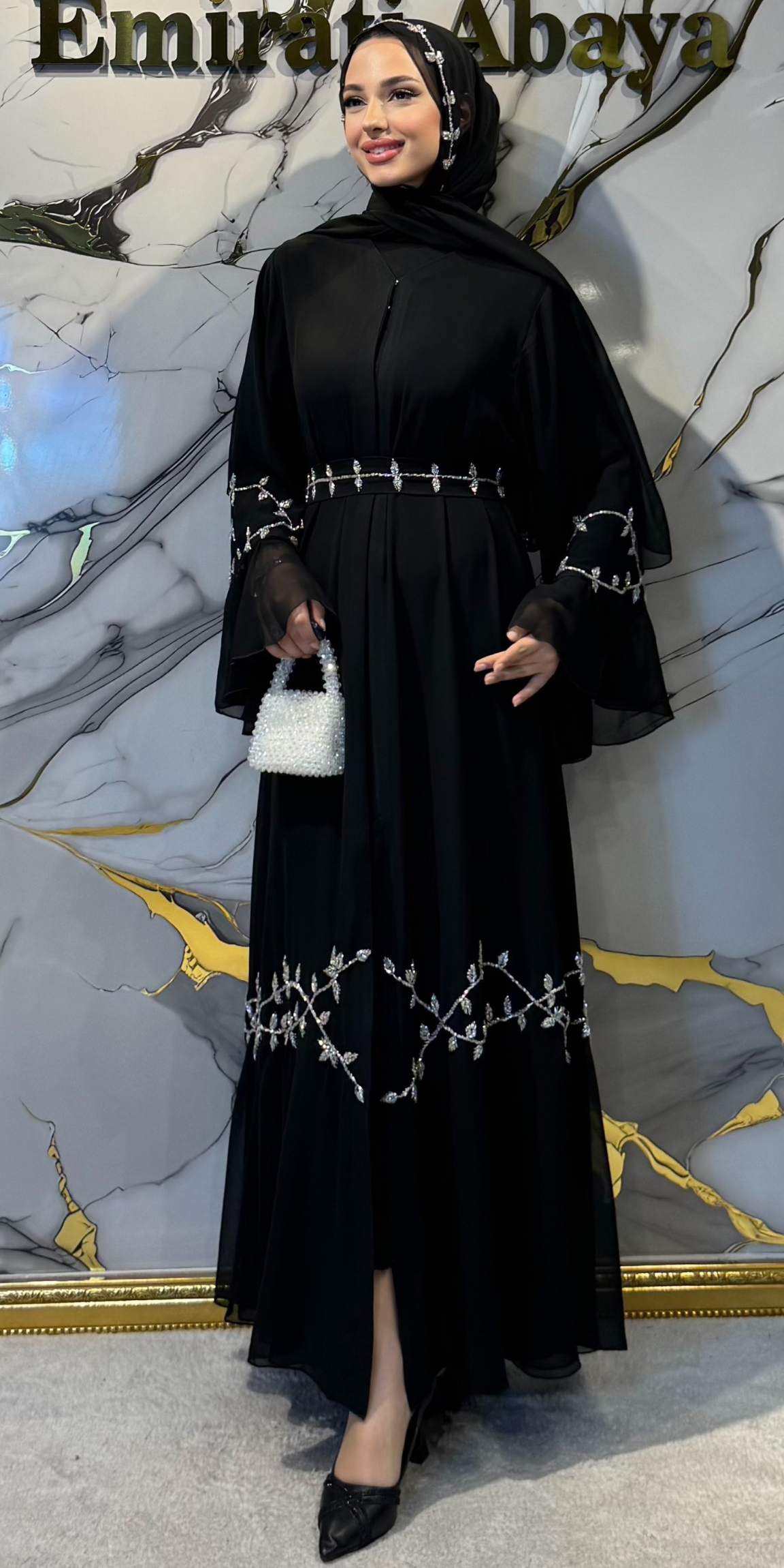Handcrafted Swarovski Crystal Embellished Korean Chiffon Dubai Style Black Abaya